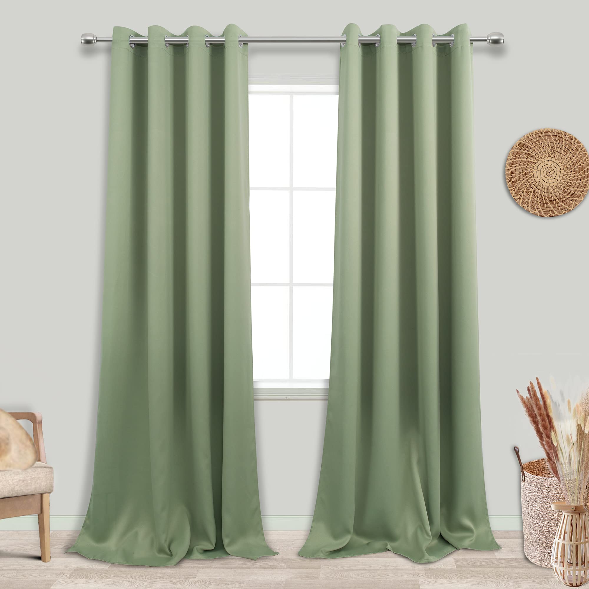 Koufall 120 Inch Curtains For Sunroom Large Window,Greyish Grey Green Blackout Grommet Solid Plain Tall Curtains For Living Room