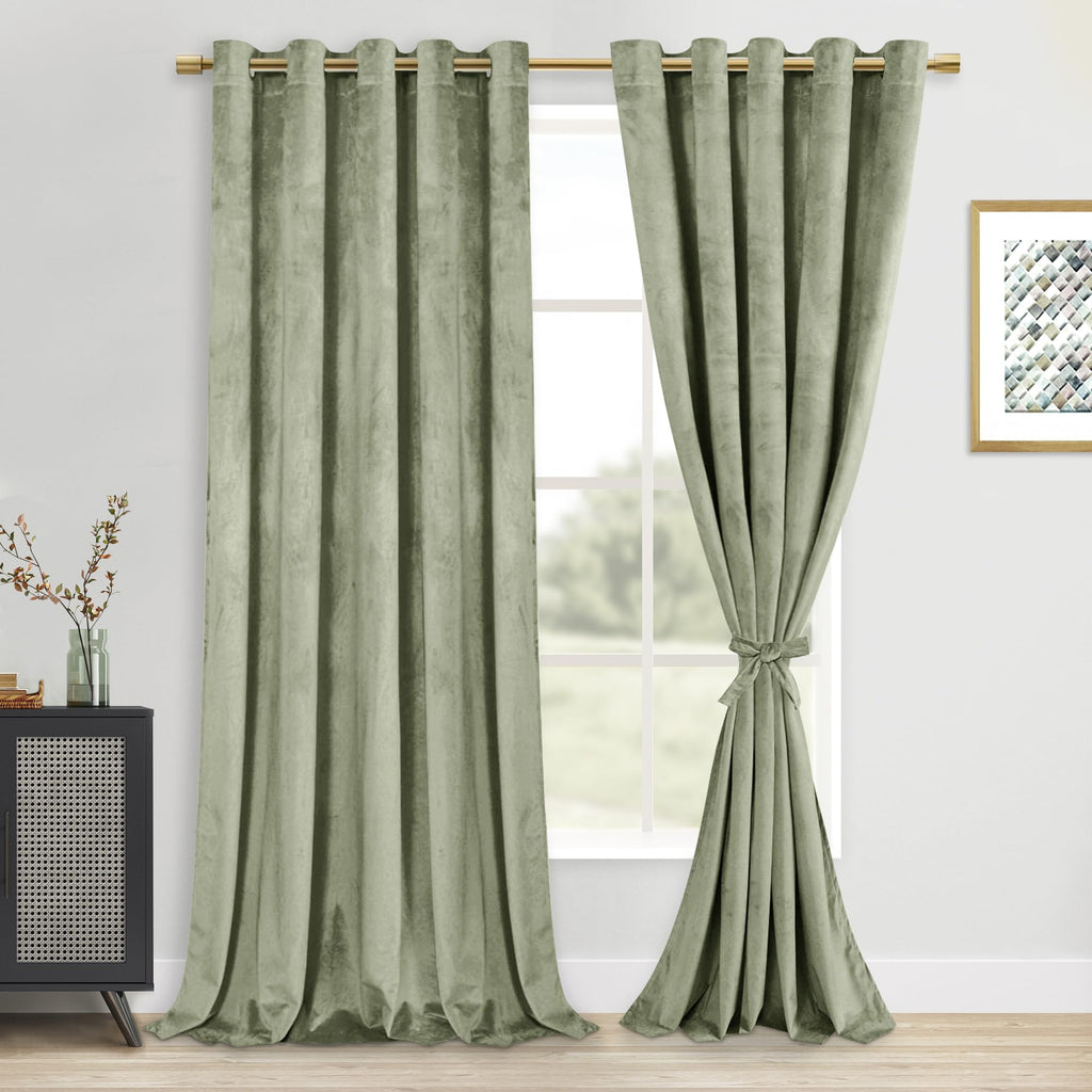 DWCN Velvet Curtains Extra Wide - Light Sage Room Darkening Thermal Insulated Noise Absorb Grommet Tieable Window Treatments Dra