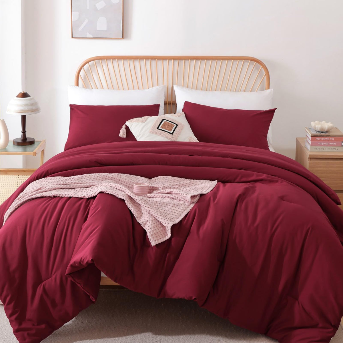 Rosgonia King Size Comforter Set Dark Red,3Pcs King Comforter Set(1 Boho Red Comforter & 2 Pillowcases) All Season Lightweight B