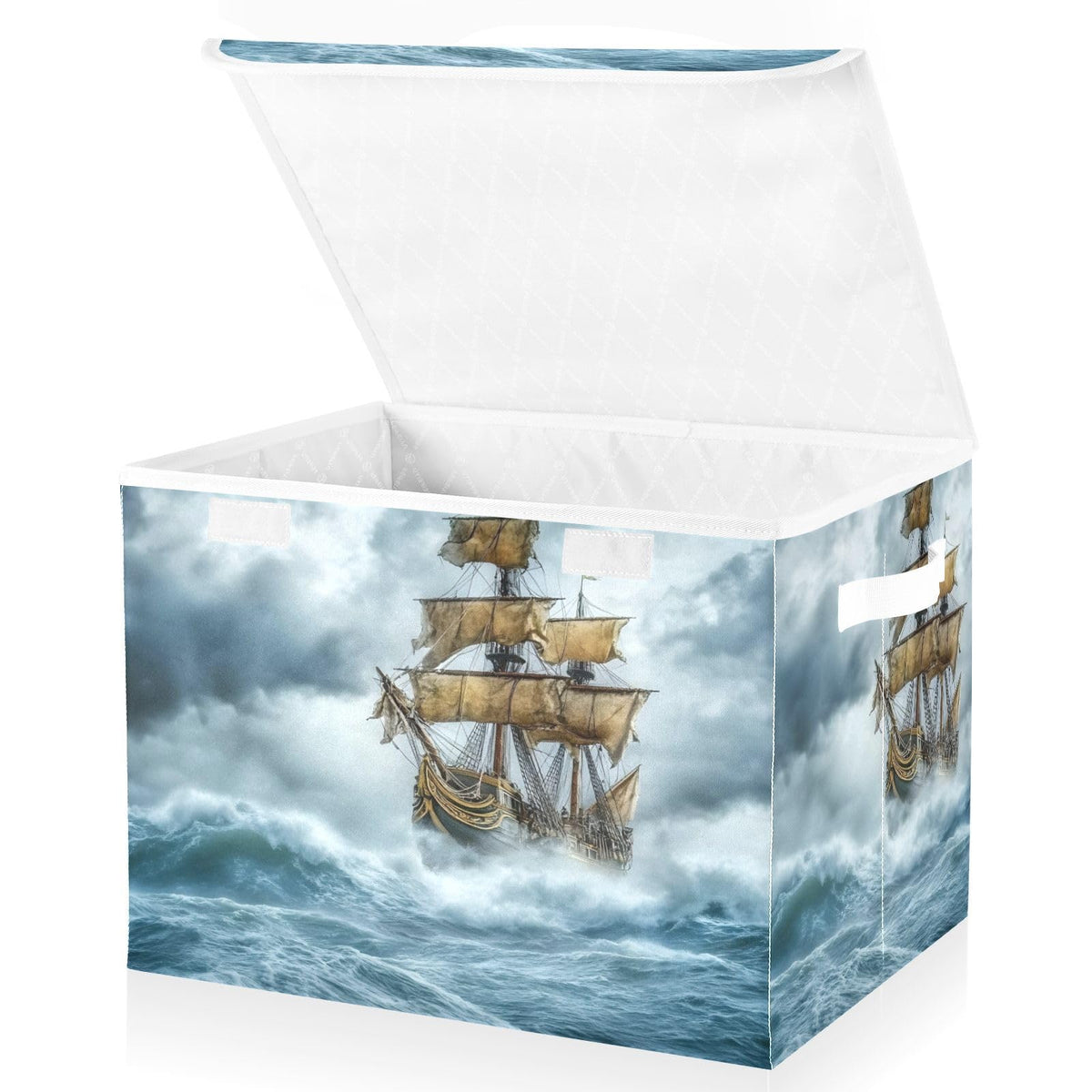 QGBYMX Sea Ship Storm Large Linen Storage Bins with Lid & Handle Foldable Storage Cubes Organizer Box Basket with FlipTop Lid f