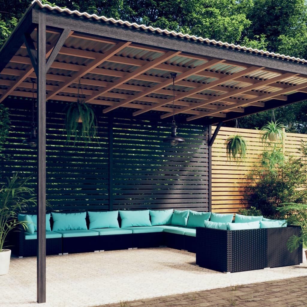 vidaXL - Modular Patio Lounge Set, 10-Piece in Black Poly Rattan with Water-Resistant Blue Cushions, Durable Powder-Coated Steel Frame, Lightweight and Flexible