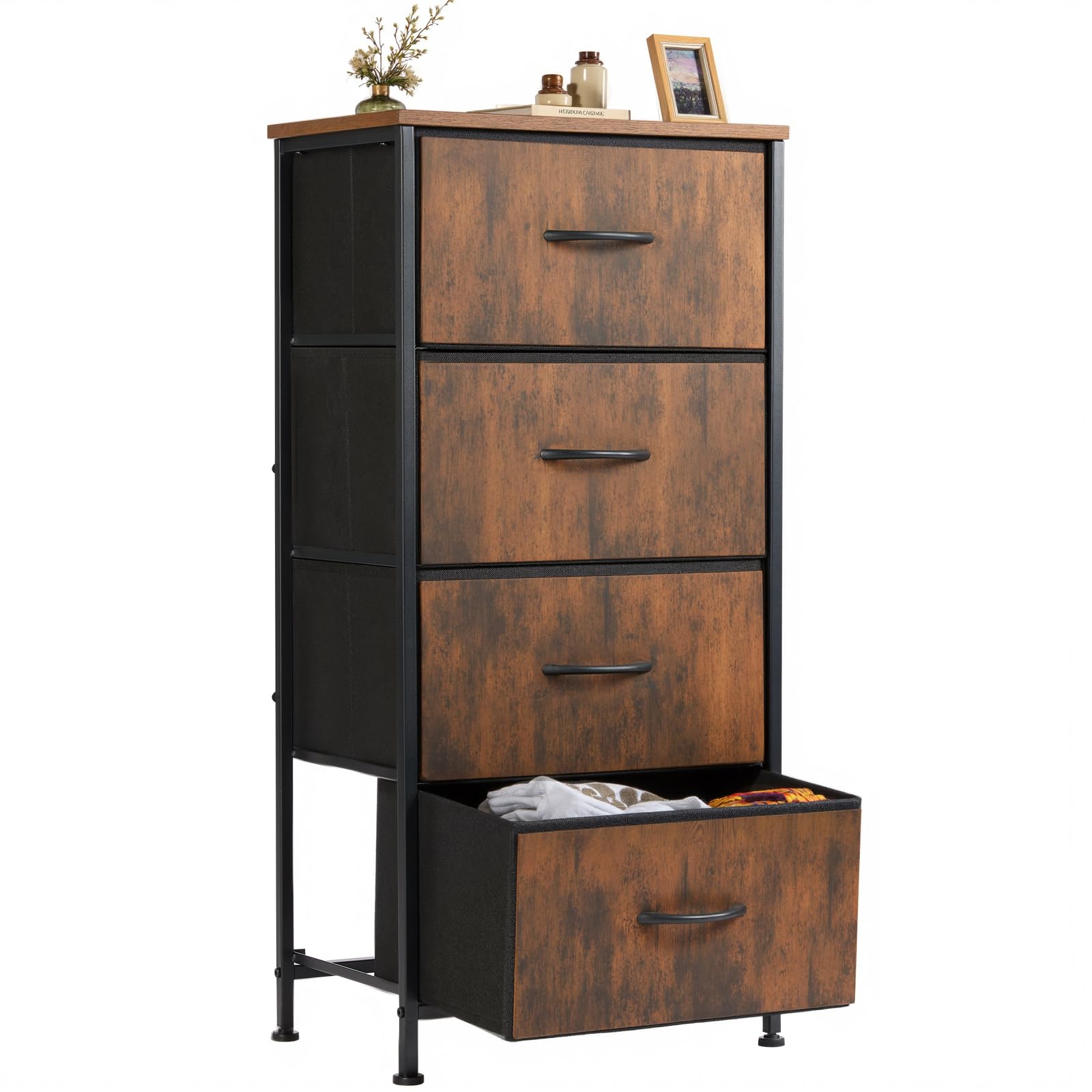 Sweetcrispy 4 Drawer Dresser, Fabric Storage Tower Organizer with Sturdy Steel Frame and Wood Top, Easy Pull Handles, for Bedroo