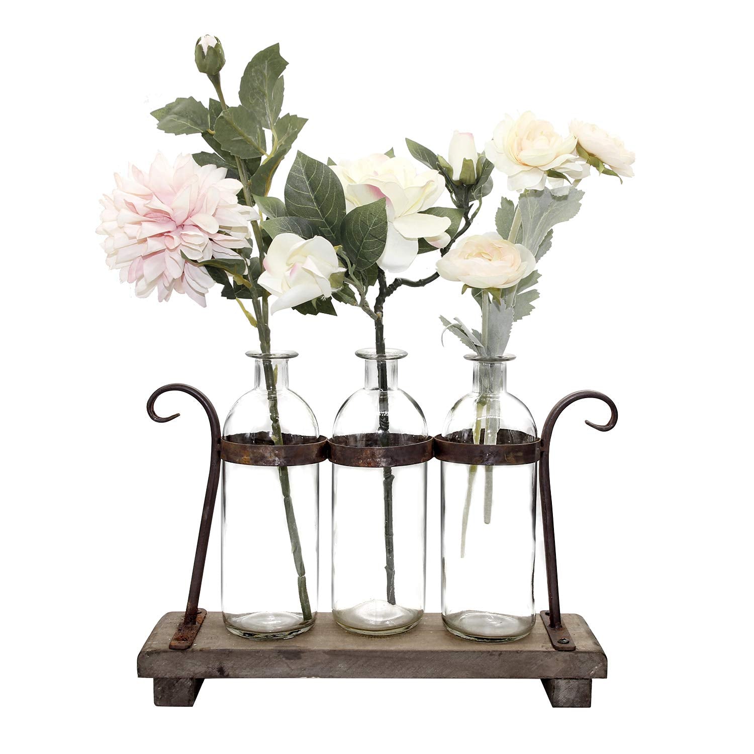Funsoba Rustic Flower Vase Set with Rack Stand Farmhouse Glass Bottles for Decor Table centerpieces