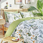 Clothknow Sage Green Comforter Set Twin Cotton Floral Botanical Bedding Sets White Green Flowers Bedding Comforter Soft 3Pcs Bed