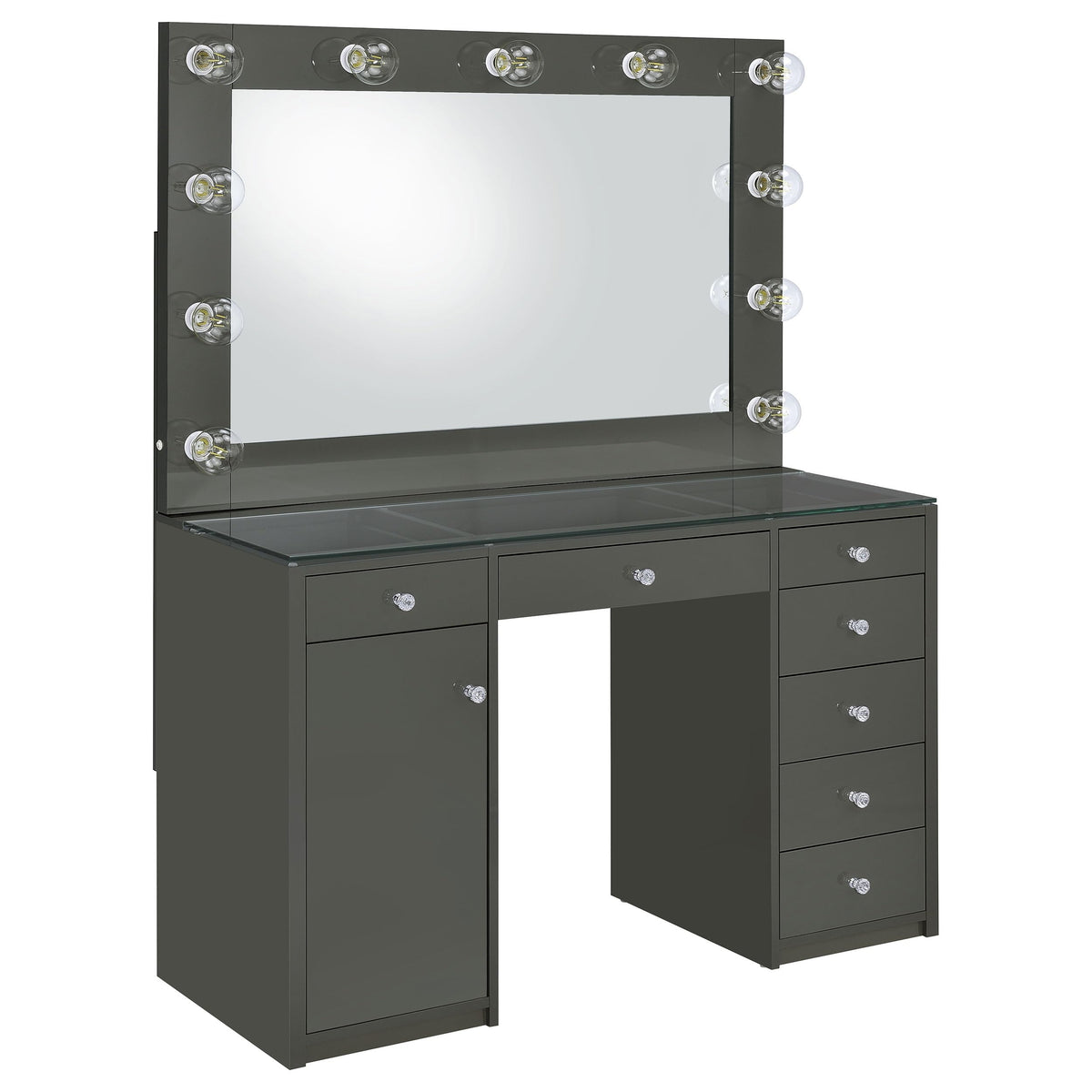 Coaster Home Furnishings Acena Contemporary 2-Piece 7-Drawer Makeup Vanity Desk for Bedroom with Hollywood Vanity Mirror with Storage Cabinet Grey High Gloss 931145