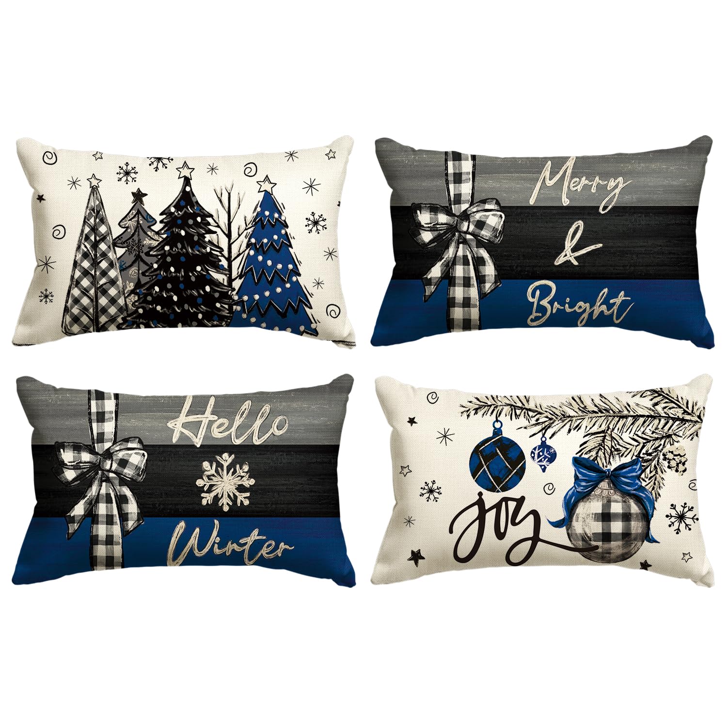 Avoin Colorlife Merry Christmas Joy Xmas Trees Blue And Black Throw Pillow Covers, 12 X 20 Inch Christmas Winter Holiday Cushion