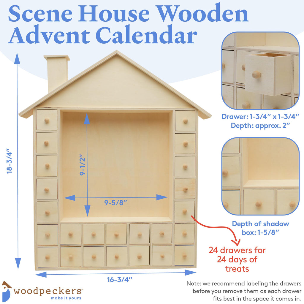 Scene House Wood Advent Calendar 18-3/4 X 16-3/4 Inch, Pack Of 1 Craft Christmas Advent Calendar With 24 Empty Drawers, By Woodp