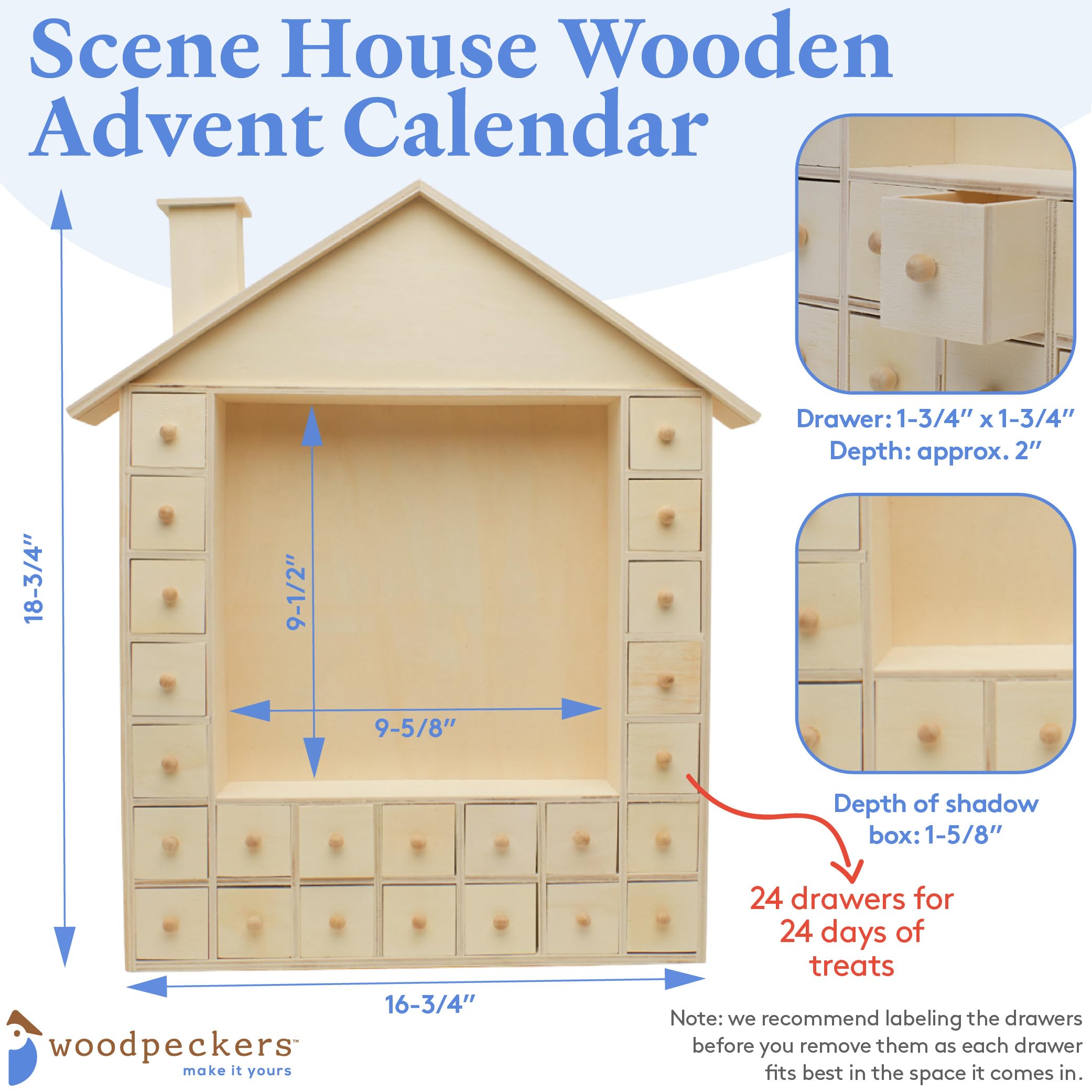 Scene House Wood Advent Calendar 18-3/4 X 16-3/4 Inch, Pack Of 1 Craft Christmas Advent Calendar With 24 Empty Drawers, By Woodp