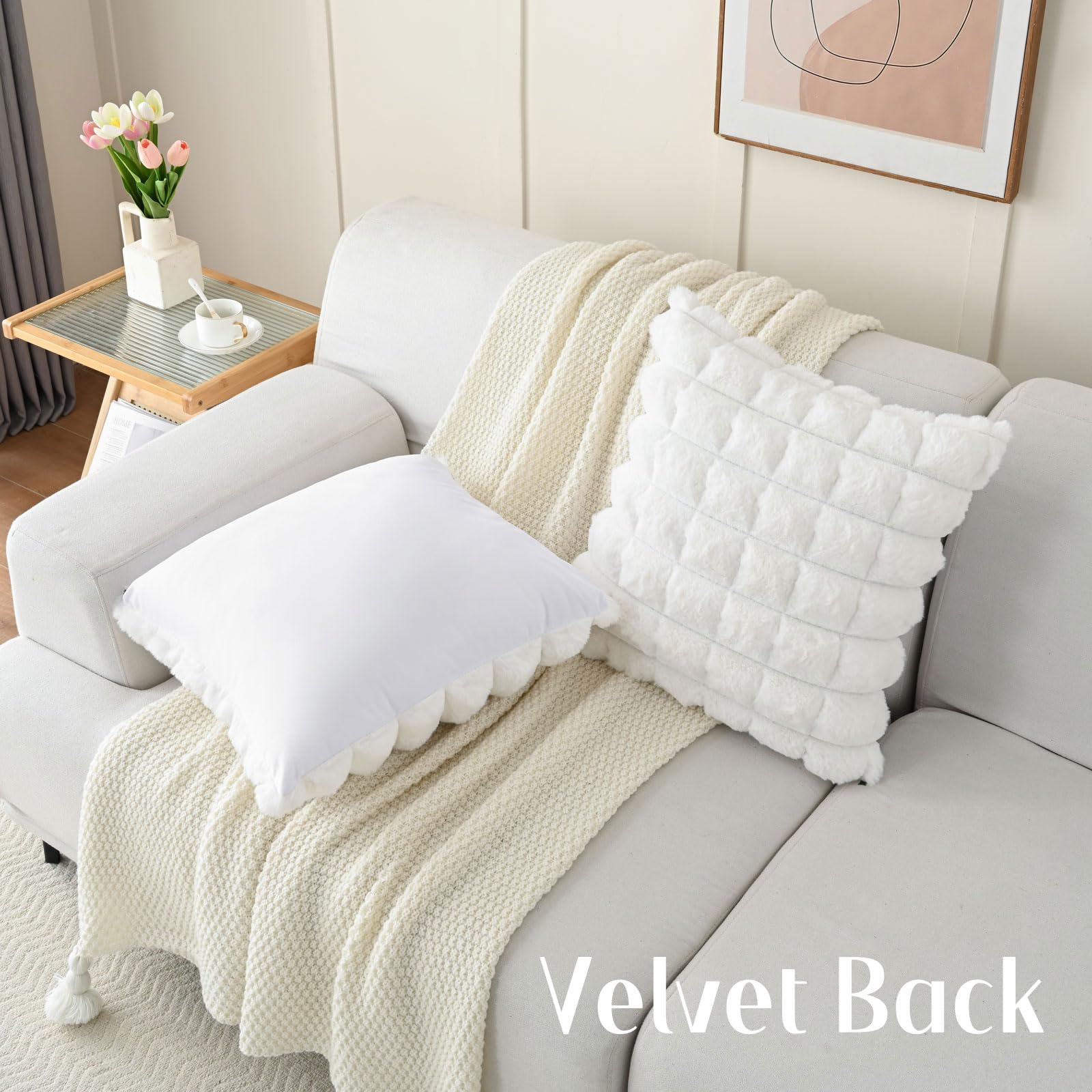 Futei Cream White Decorative Throw Pillow Covers 20X20 Inch Set Of 2, Square Soft Faux Rabbit Fur Big Plaid Cushion Cover,Home D