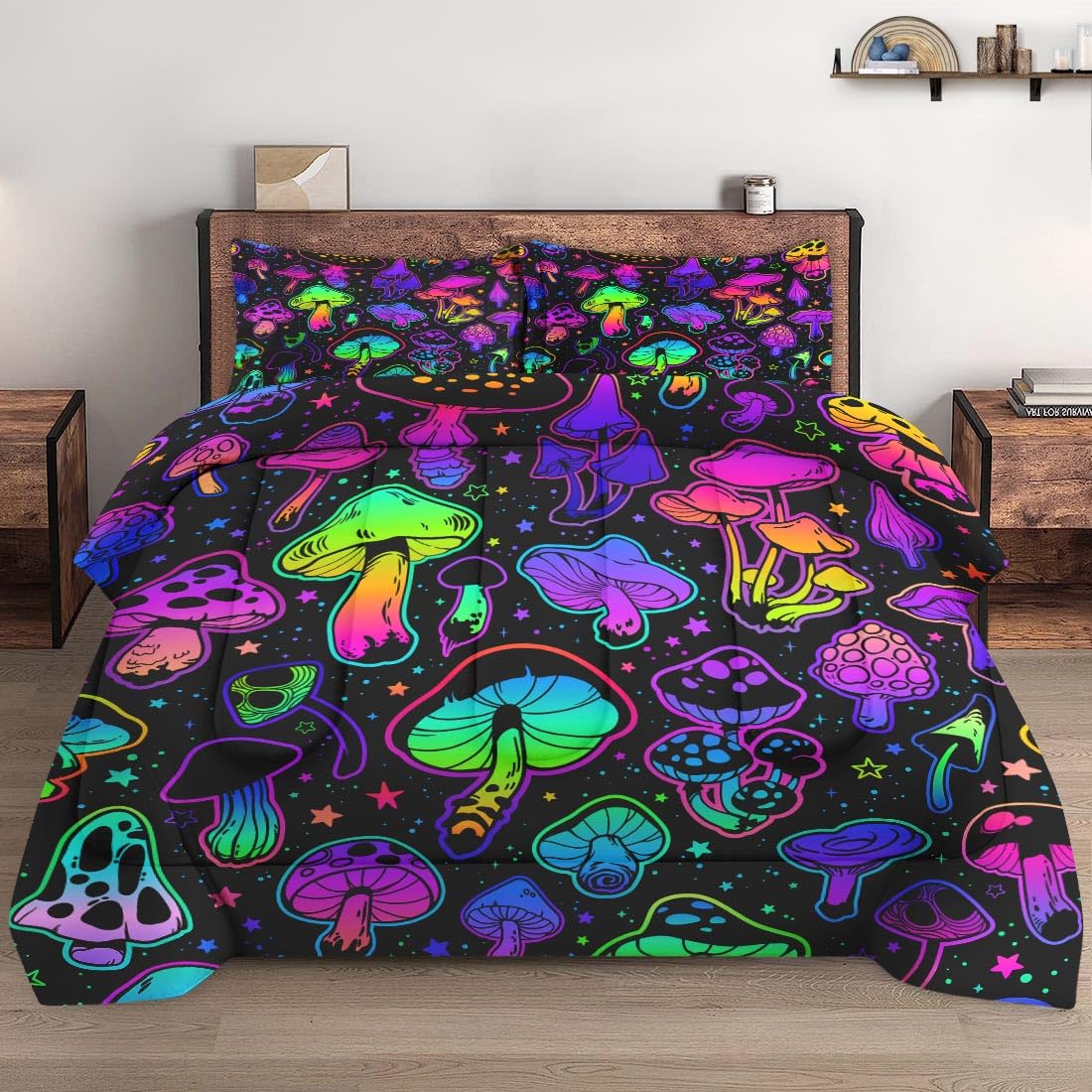 WeCozy 3 Pcs Queen Size Comforter Set with 2 Pillowcases, Summer Halloween Mushroom Neon Soft Bedding Set for Kids and Adults Be