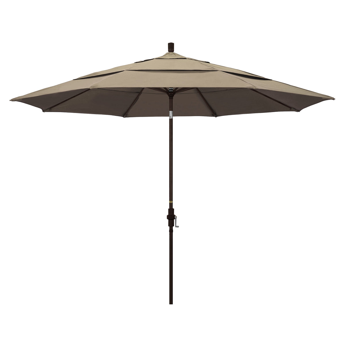 California Umbrella 11' Round Aluminum Market Umbrella, Crank Lift, Collar Tilt, Bronze Pole, Sunbrella Taupe