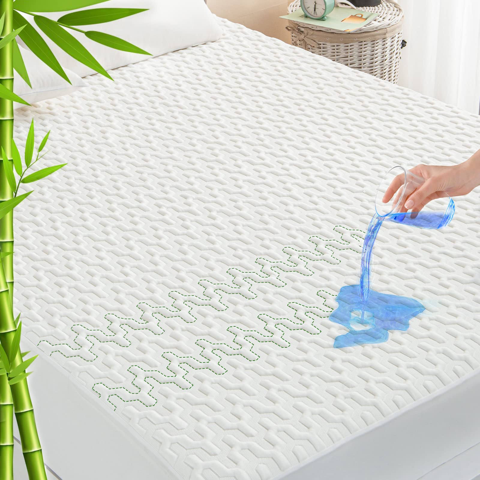 Grt Waterproof Rayon Bamboo Mattress Protector Cal King Size - 3D Air Fiber Mattress Protector Cover, Cooling Mattress Pad Breat