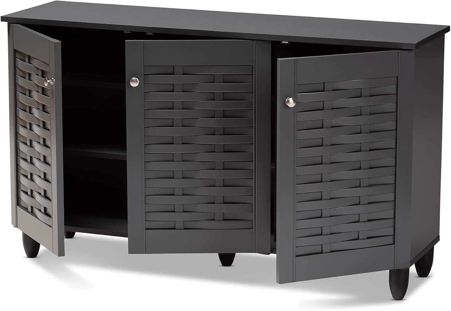 Click to see full view      5+  VIDEO Baxton Studio Wadia Modern and Contemporary Dark Gray 3-Door Wooden Entryway Shoe Storage Cabinet