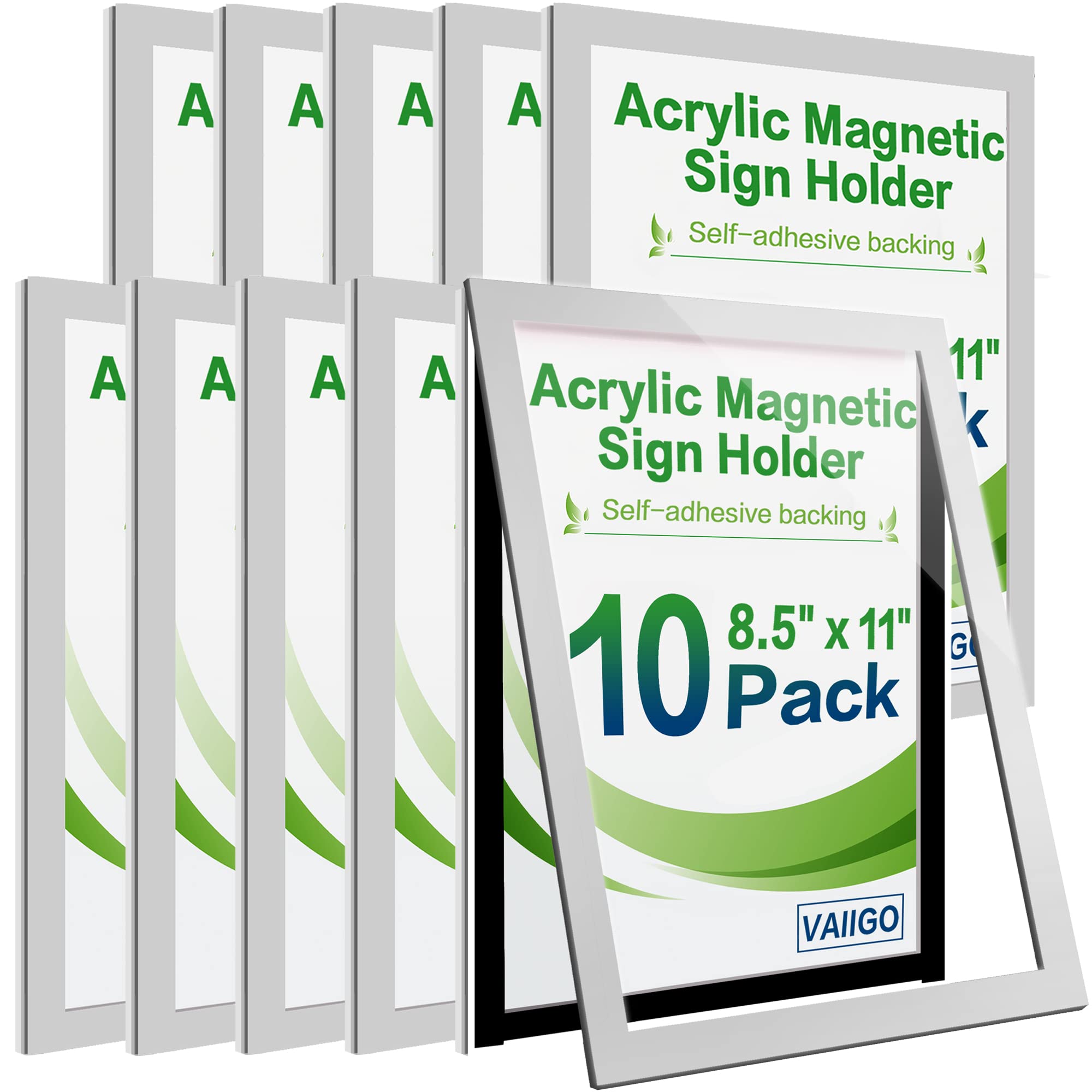 Vaiigo 10Pack Acrylic Sign Holder 8.5' X 11' Wall Mount, Self Adhesive Magnetic Display Frame With Tape, Plastic Clear Acrylic