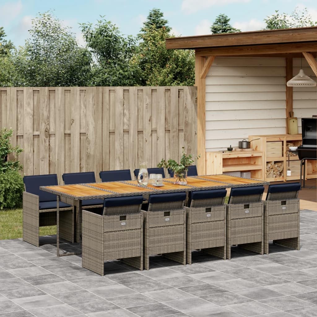 vidaXL Patio Dining Set with Cushions, 11-Piece, Gray/Brown Poly Rattan Furniture with Removable Covers - Outdoor/Garden/Backyard Furniture for Al Fresco Dining, Foldable, Compact Storage