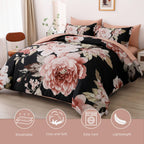 Dintszyayue Black Comforter Set King Size 7 Pieces Pink Floral Bed In A Bag, Complete Bedding Sets Elegant Flower Bed Set Comfor