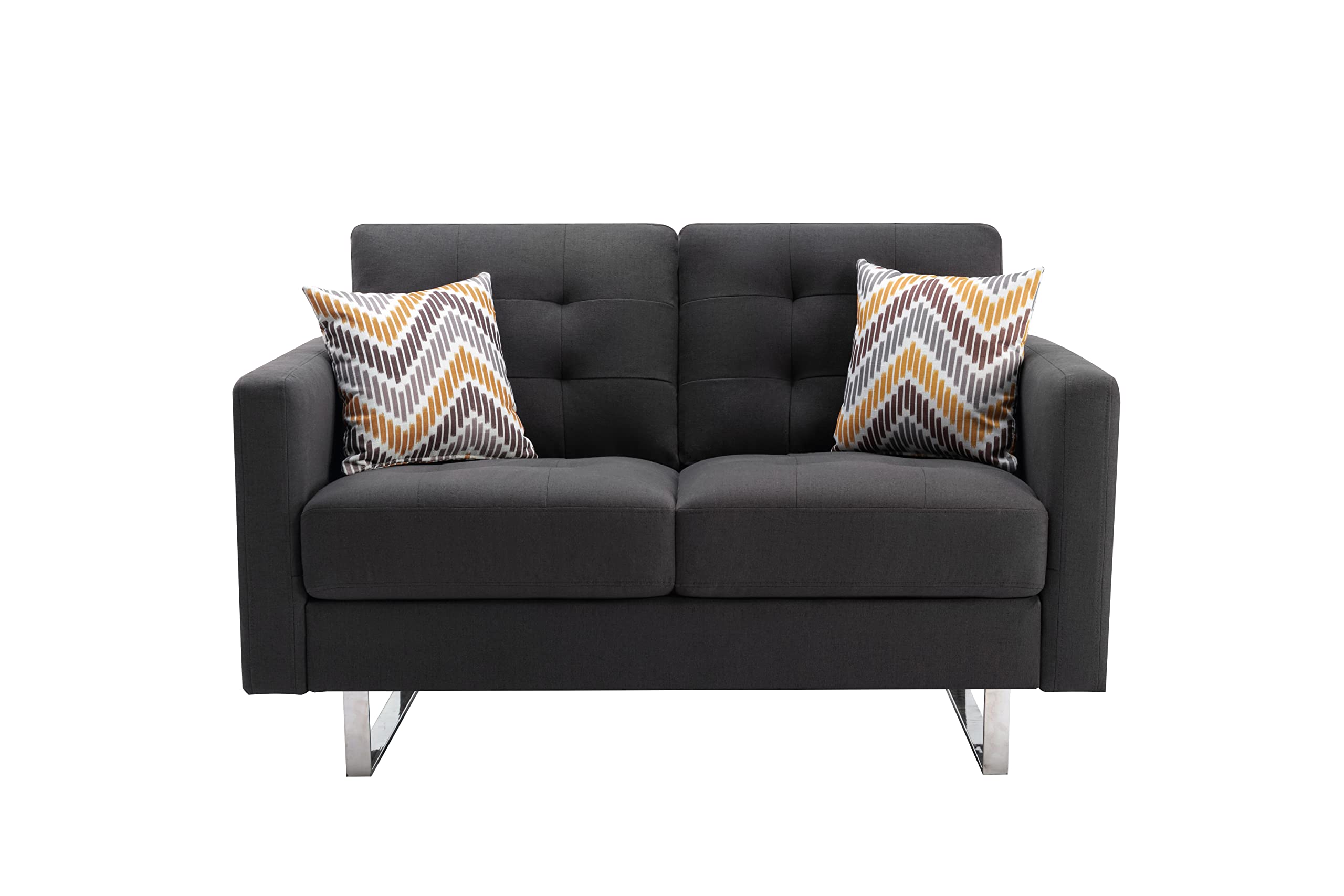Lilola Home Victoria Dark Gray Linen Fabric Loveseat with Metal Legs, Side Pockets, and Pillows