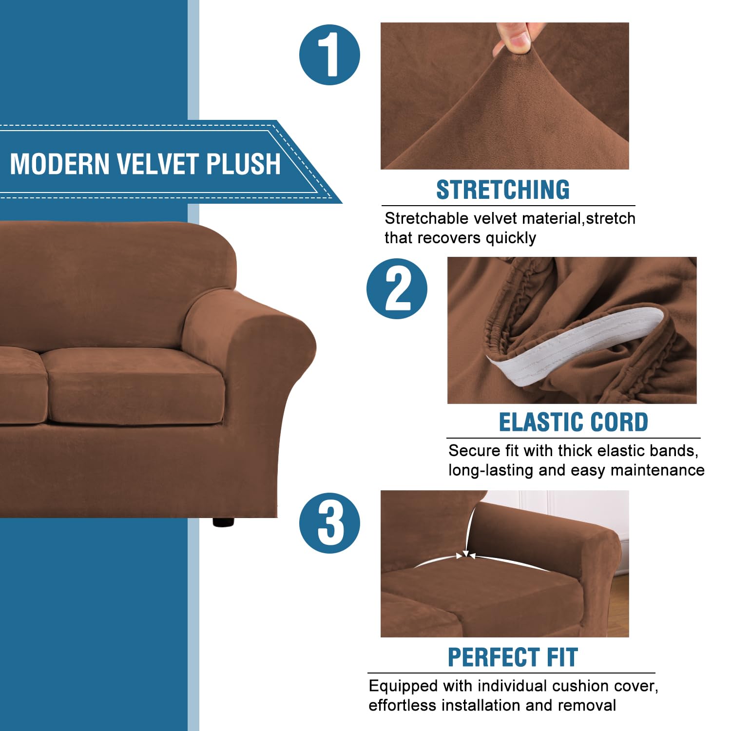 H.Versailtex Real Velvet Plush 3 Piece Stretch Sofa Covers Couch Covers For 2 Cushion Couch Loveseat Covers Width Up To 72 Inch