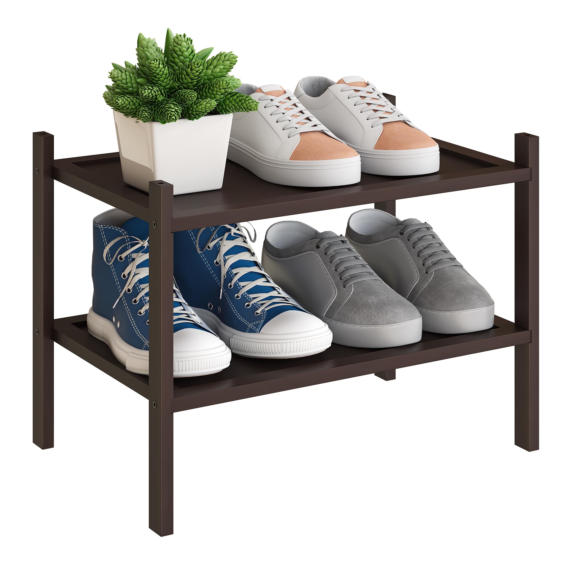 Bmosu 2-Tier Bamboo Small Shoe Rack Premium Stackable Shoe Shelf Storage Organizer For Hallway Closet Living Room Entryway Organizer(Brown)