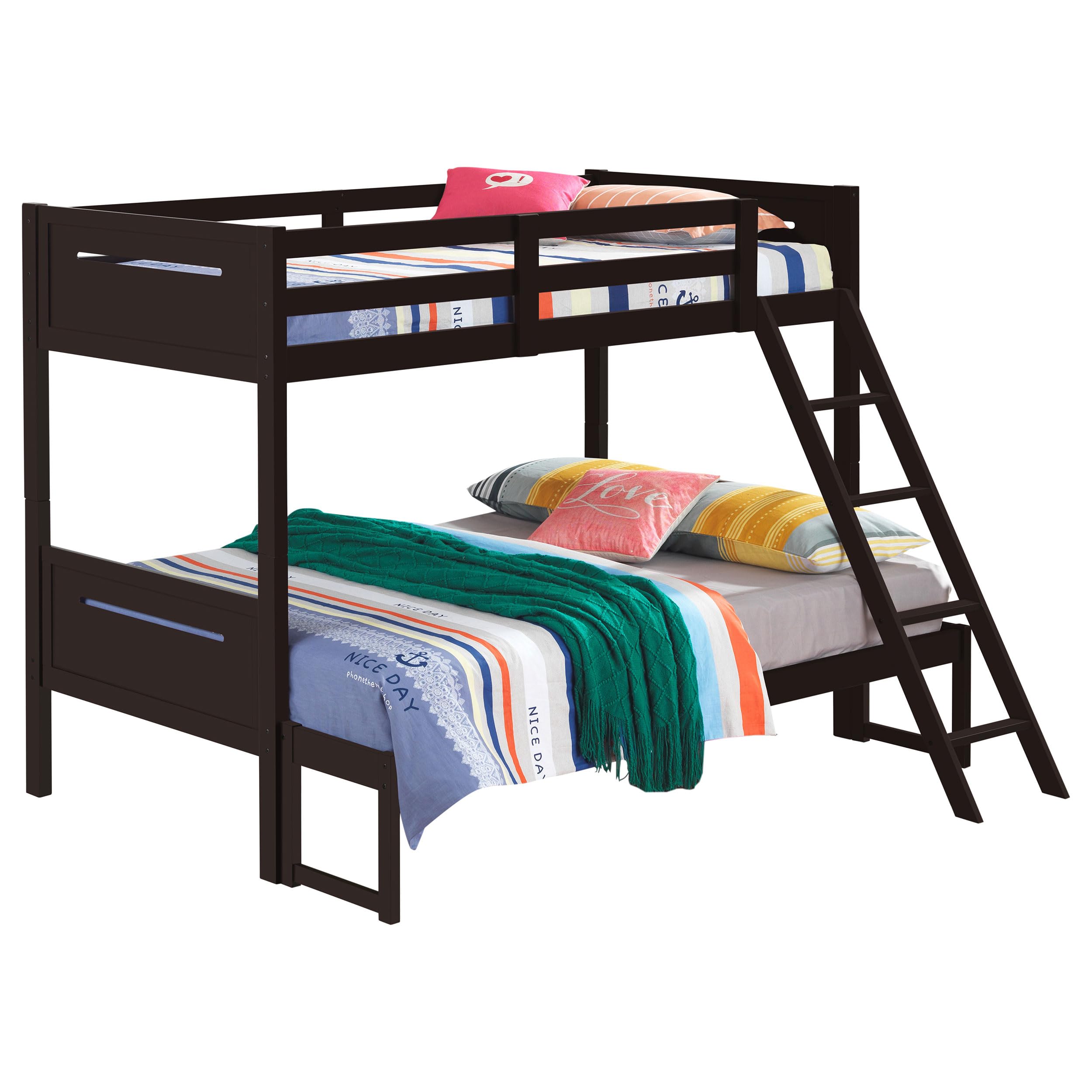 Coaster Home Furnishings Littleton Transitional Wood Twin Over Full Size Bunk Bed Frame with Ladder and Guardrails Fully Slatted Mattress Ready Foundation Espresso 405052BRN
