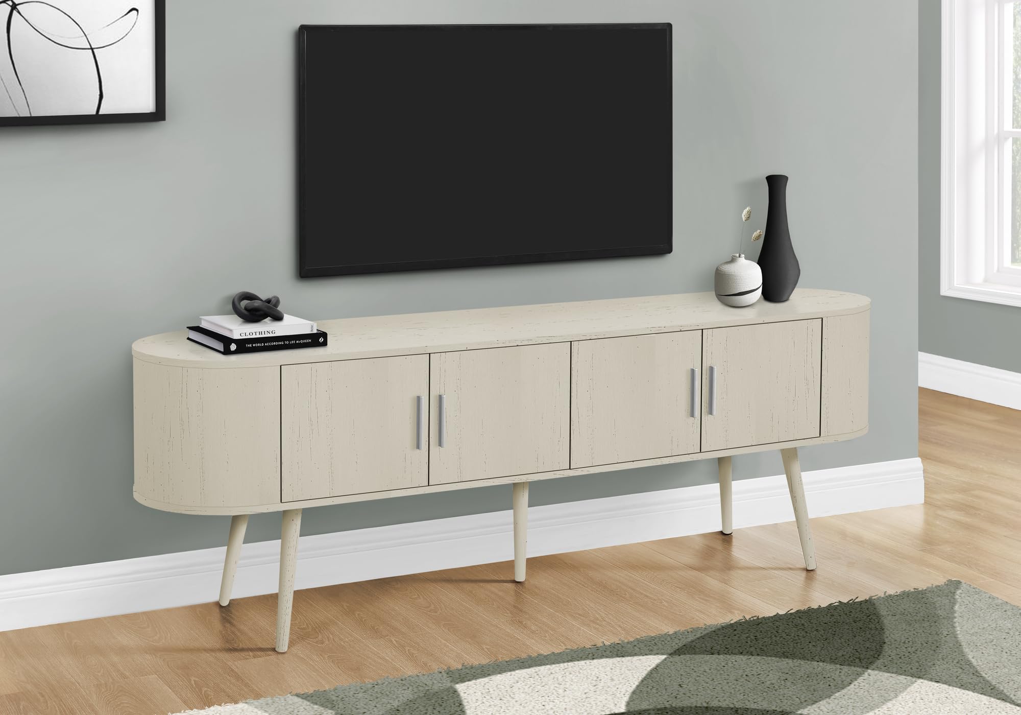 Monarch Specialties 2799, 72 Inch, Console, Bedroom, Living Room, Media Entertainment Center Tv Stand 72&quot; L Antique White with 4 Doors, 71&quot; L x 15.5&quot; W x 24&quot; H