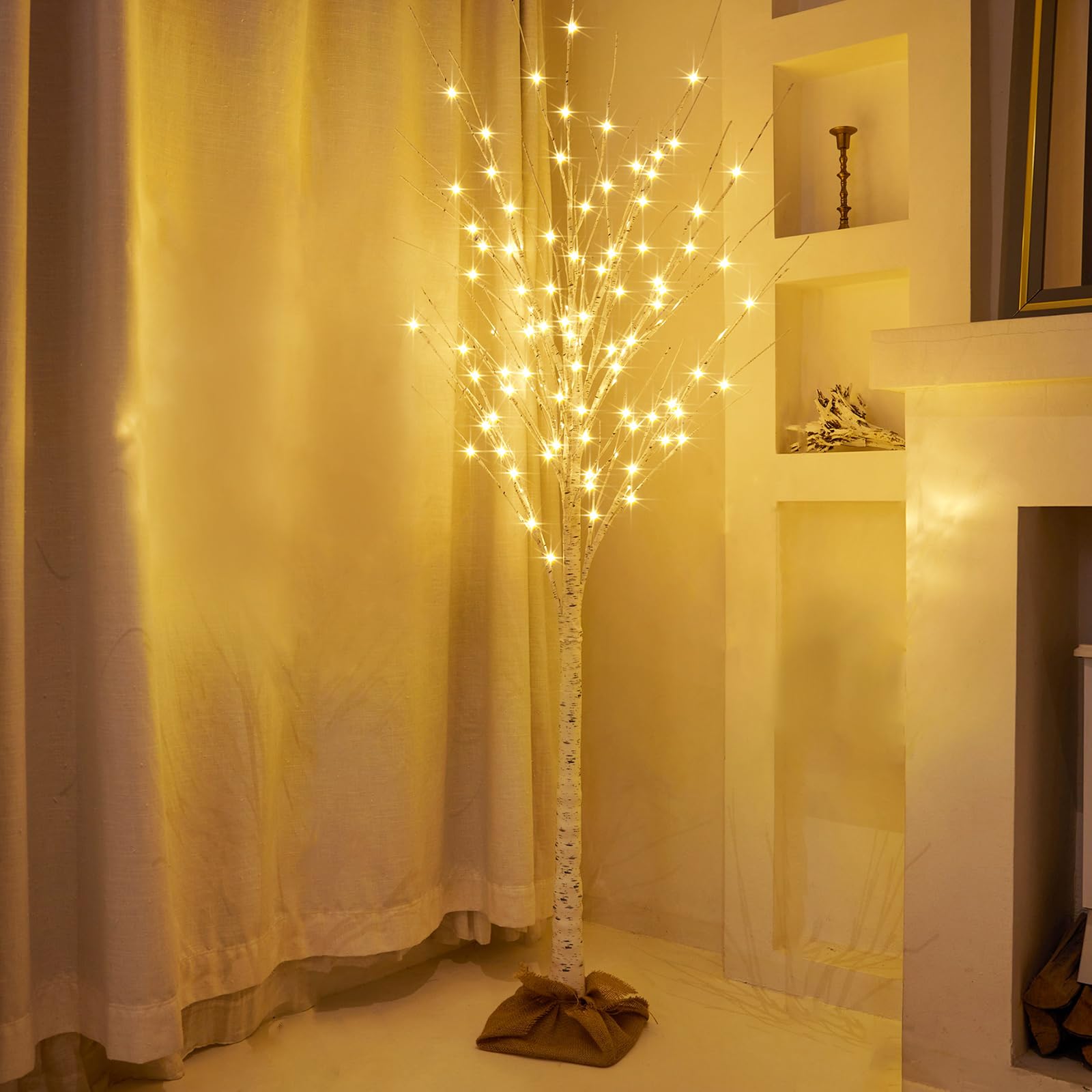 Holilluma Lighted Brich Tree, 6Ft 128 Led Christmas Tree With Burlap Decor, Warm White, Ip44 Waterproof, Power Supply By Adaptor