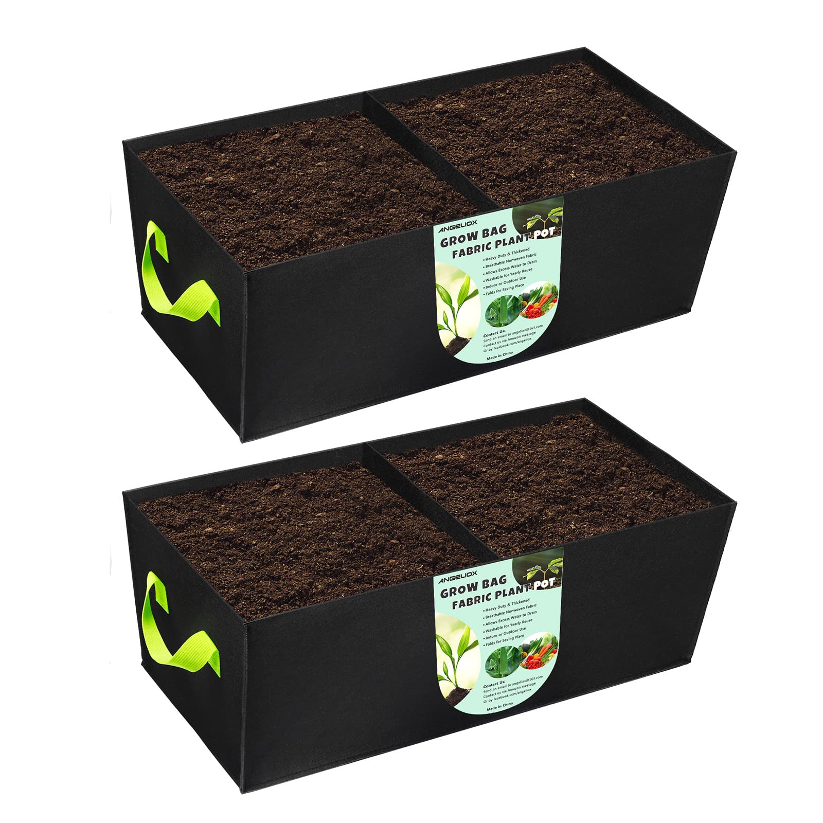 2 Pack Plant Grow Bags,Angeliox 2-Grids Rectangle Grow Bag,10 Gallon Heavy Duty 400G Fabric Garden Bed, Square Nonwoven Flower P