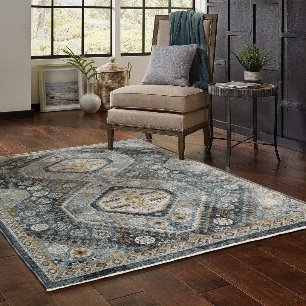 HomeRoots 508093 10 x 13 ft. Blue Gold Ivory & Navy Oriental Power Loom Stain Resistant Rectangle Area Rug with Fringe