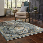 HomeRoots 508093 10 x 13 ft. Blue Gold Ivory & Navy Oriental Power Loom Stain Resistant Rectangle Area Rug with Fringe