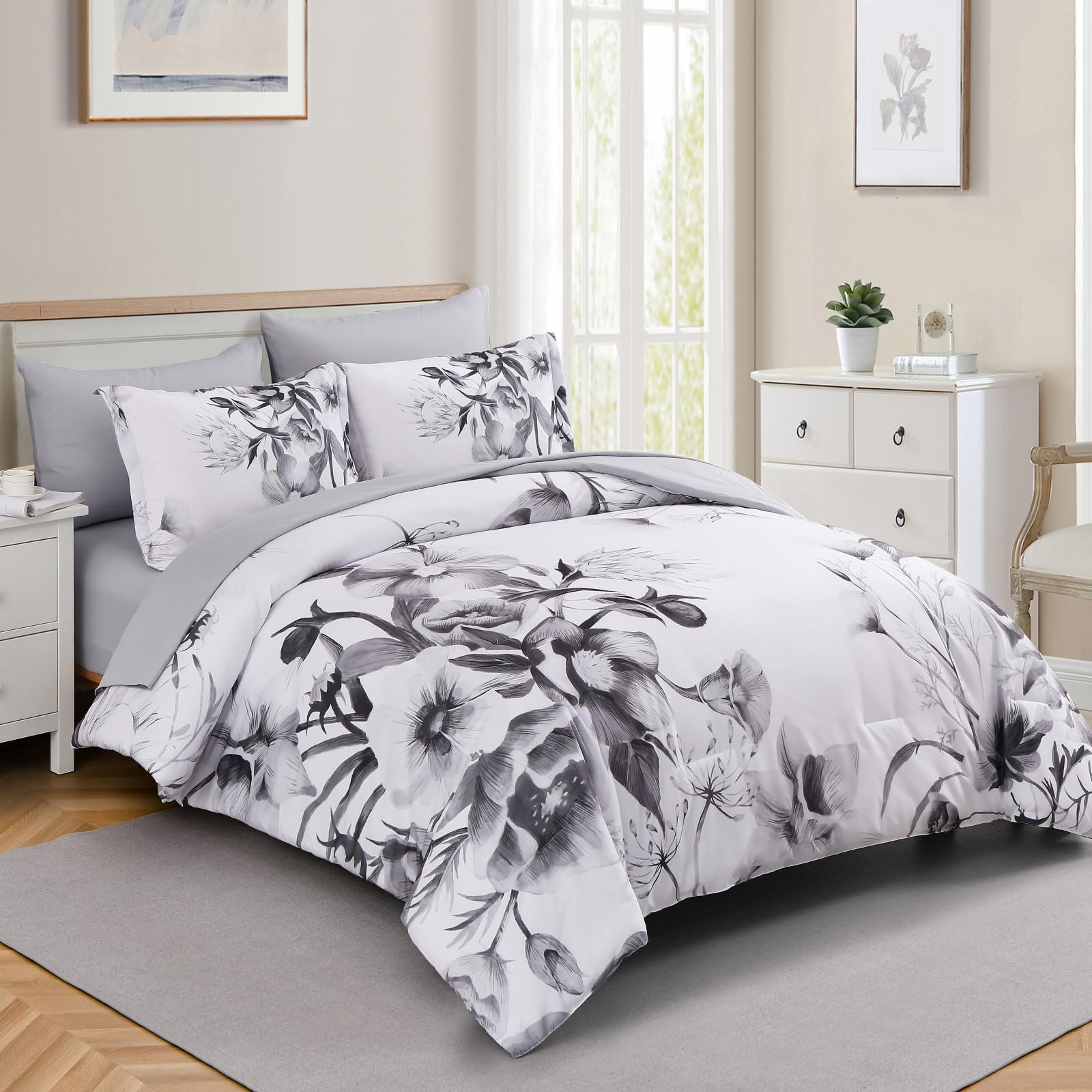 Luxudecor Floral Comforter Set Queen Size 7 Piece, Black Flower Bed In A Bag, Elegant Ink Comforter Bedding Set For All Season (