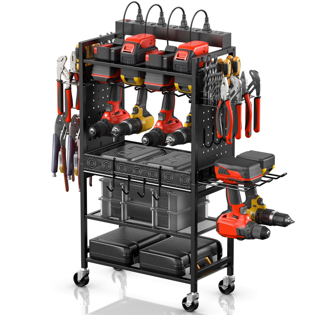 Cccei Power Tool Organizer Cart With Charging Station, Garage Floor Rolling Storage Cart On Wheels For Mechanic, Mobile 6 Drill, Tool Box Utility Cart With Battery Charging Power Strip, Black