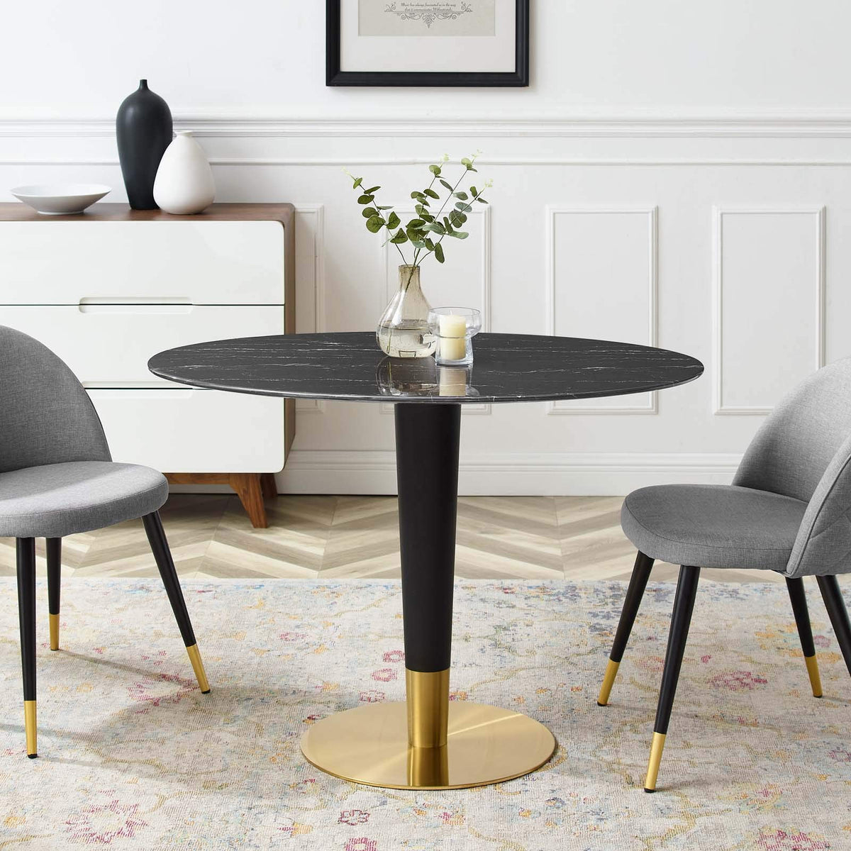 Modway Zinque Oval Artificial Marble 42&quot; Dining Table in Gold Black