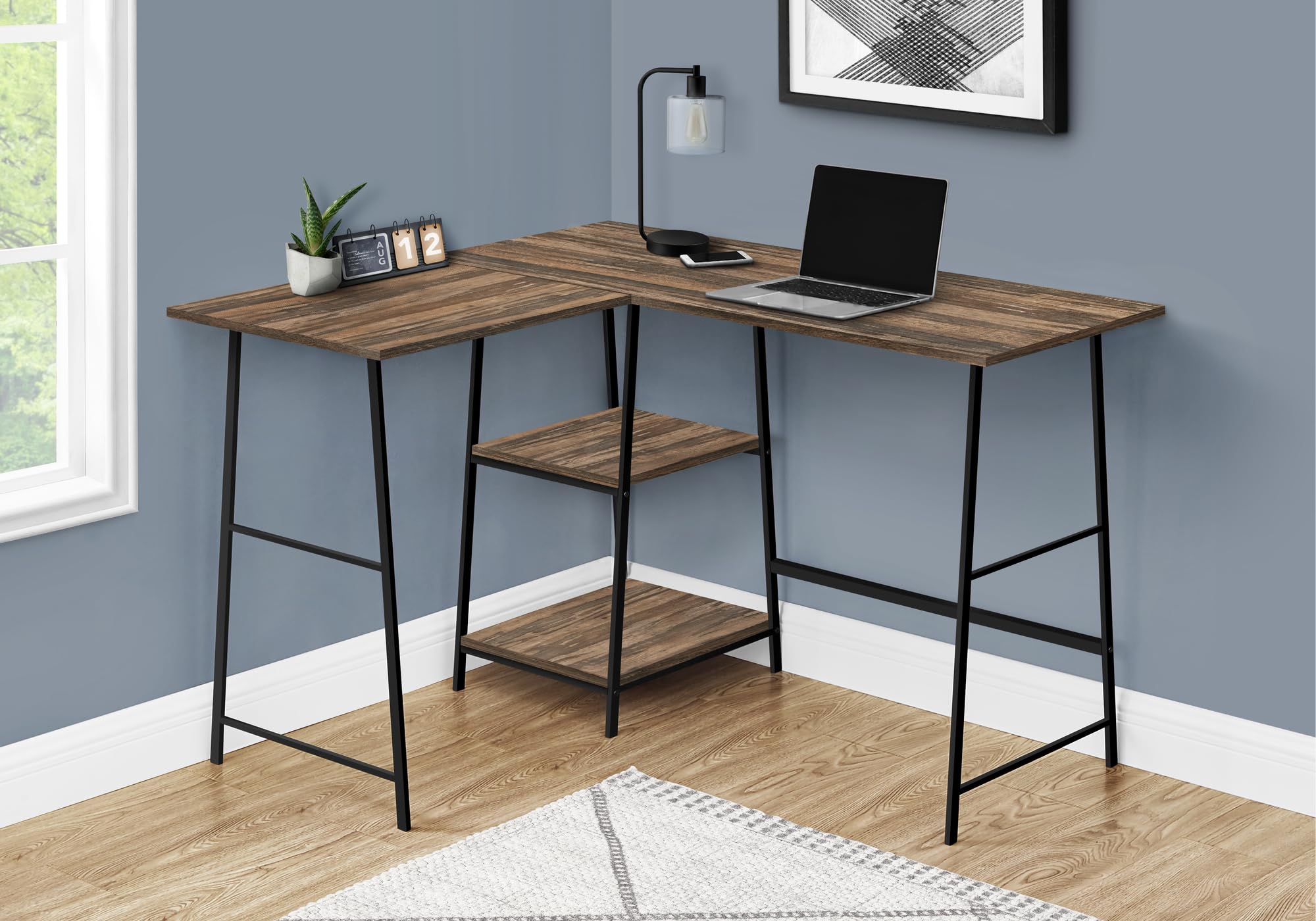 Monarch Specialties 7593 Computer Desk, Home Office, Corner, Storage Shelves, 48' Shape, Work, Laptop, Metal, Laminate, Contemporary, Modern Desk-48 L/Brown Reclaimed/Black, 42' L x 47.25' W x 30' H