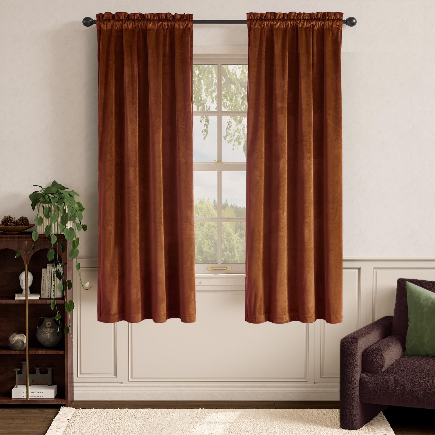 Lazzzy Burnt Orange Velvet Curtains Brown Thermal Insulated 72 Inch Curtain Room Darkening Window Drapes Super Soft Luxury Curta