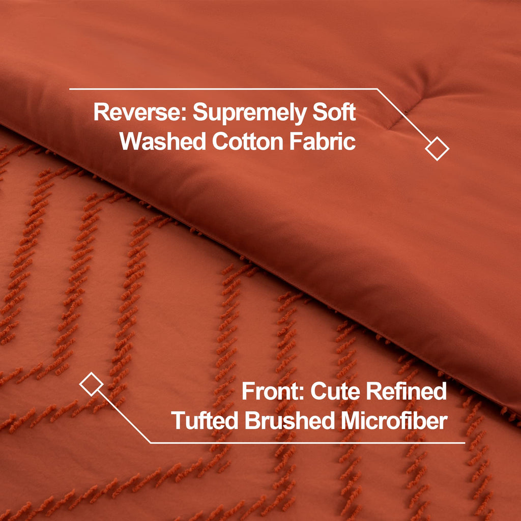 Litanika Comforter California King Size Set Burnt Orange, 3 Pieces Terracotta Rust Cal King Oversized Chevron Tufted Solid Beddi