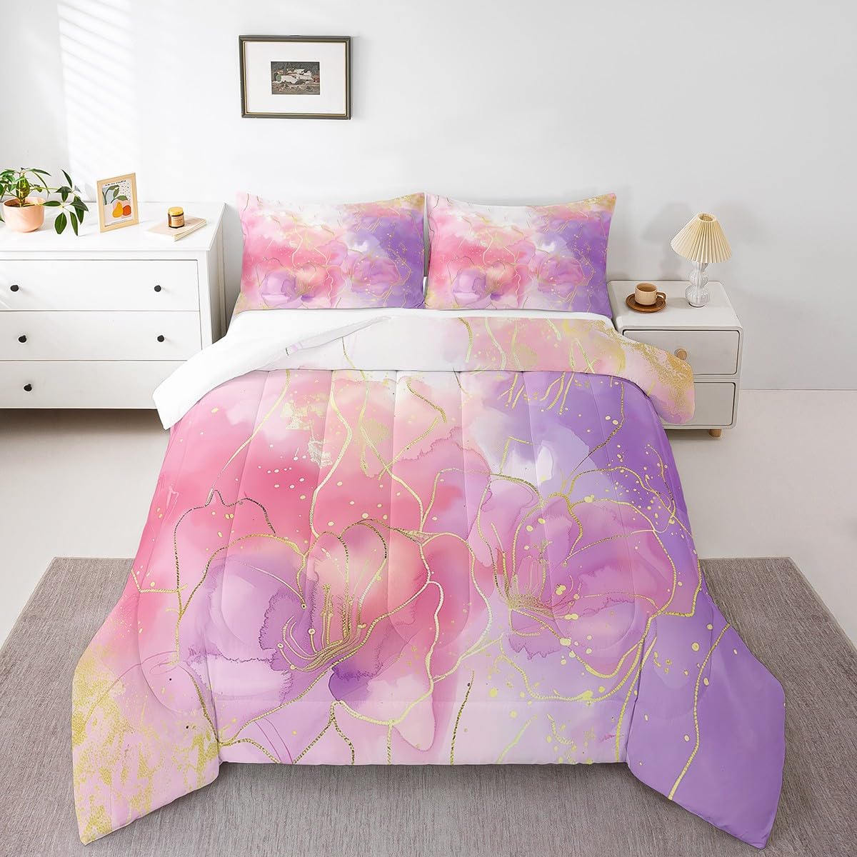 Pink Marble Comforter Set Twin for Girls, Gold Giltter Bronzing Bedding Marble Decor Tie Dye Marbling Bedding Comforter Sets for