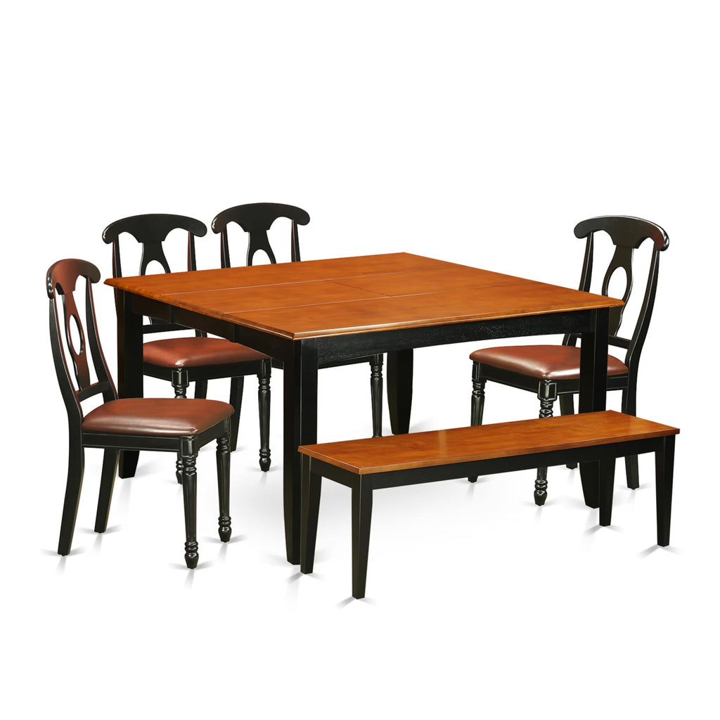 East West Furniture PFKE6-BCH-LC 6 Piece Modern Dining Table Set Contains a Square Wooden Table with Butterfly Leaf and 4 Faux Leather Dining Chairs with a Bench, 54x54 Inch, Black & Cherry