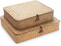 Seagrass Storage Baskets with Lids, Flat Wicker Basket, Shallow Woven Basket for Shelf, Decorative Storage Boxes for Organizing 
