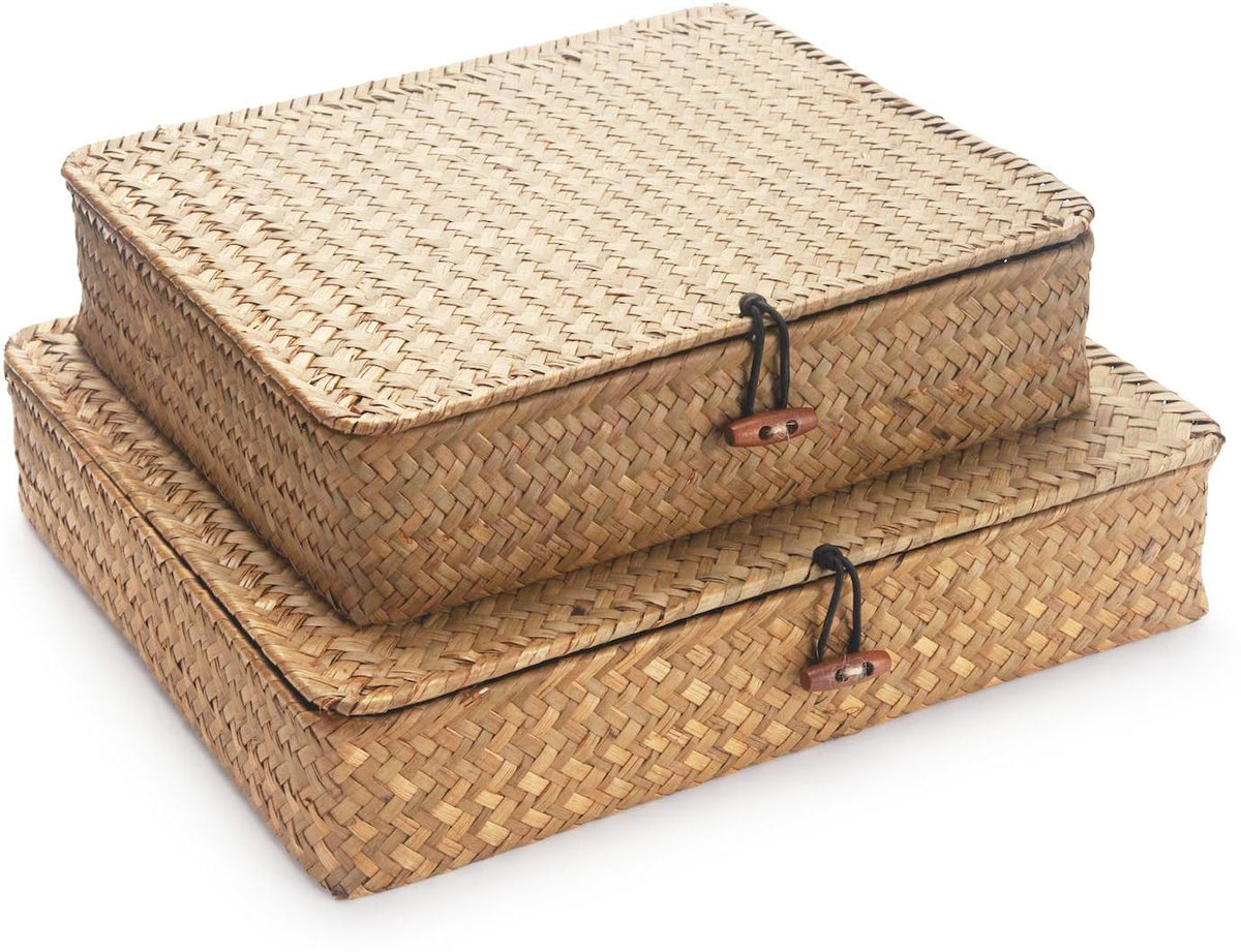 Seagrass Storage Baskets with Lids, Flat Wicker Basket, Shallow Woven Basket for Shelf, Decorative Storage Boxes for Organizing 