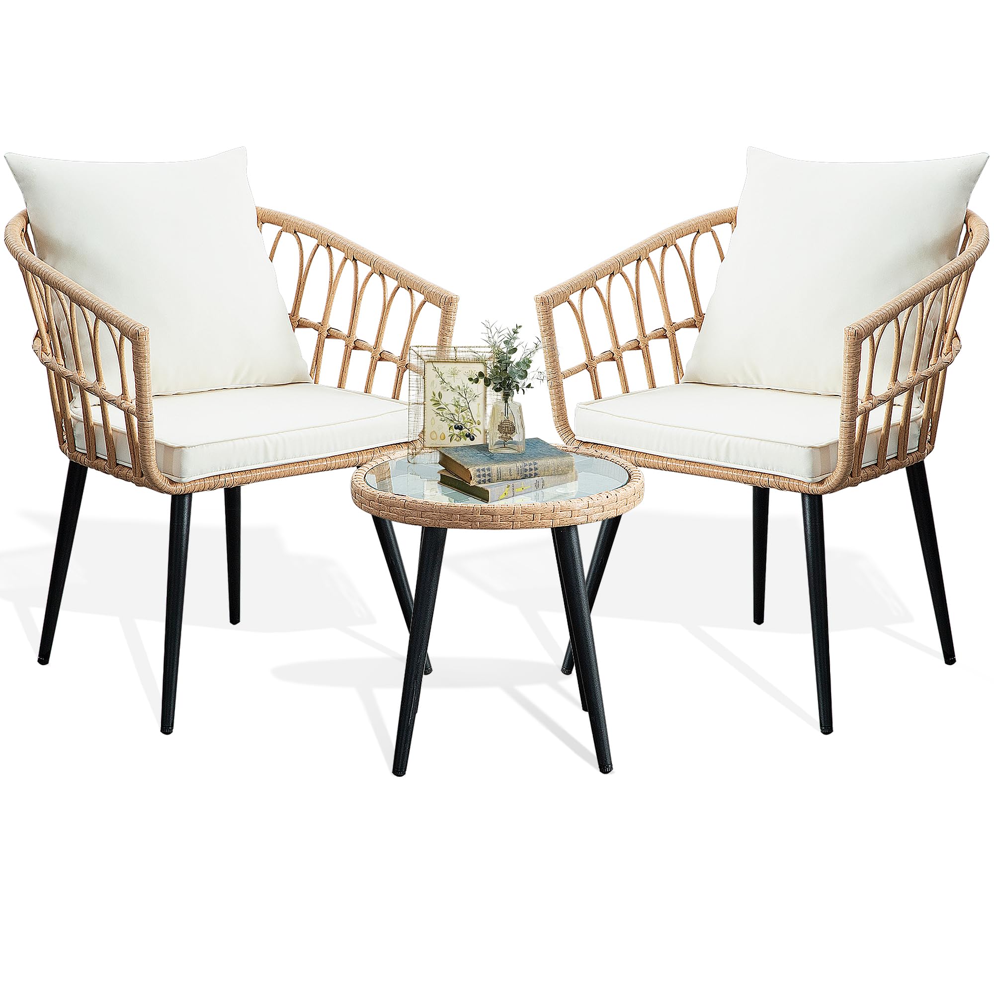 Porwey 3 Piece Patio Bistro Set, Outdoor Wicker Apartment Balcony Furniture Sets, Rattan Table And Chairs Set Of 2 For Porch Bac