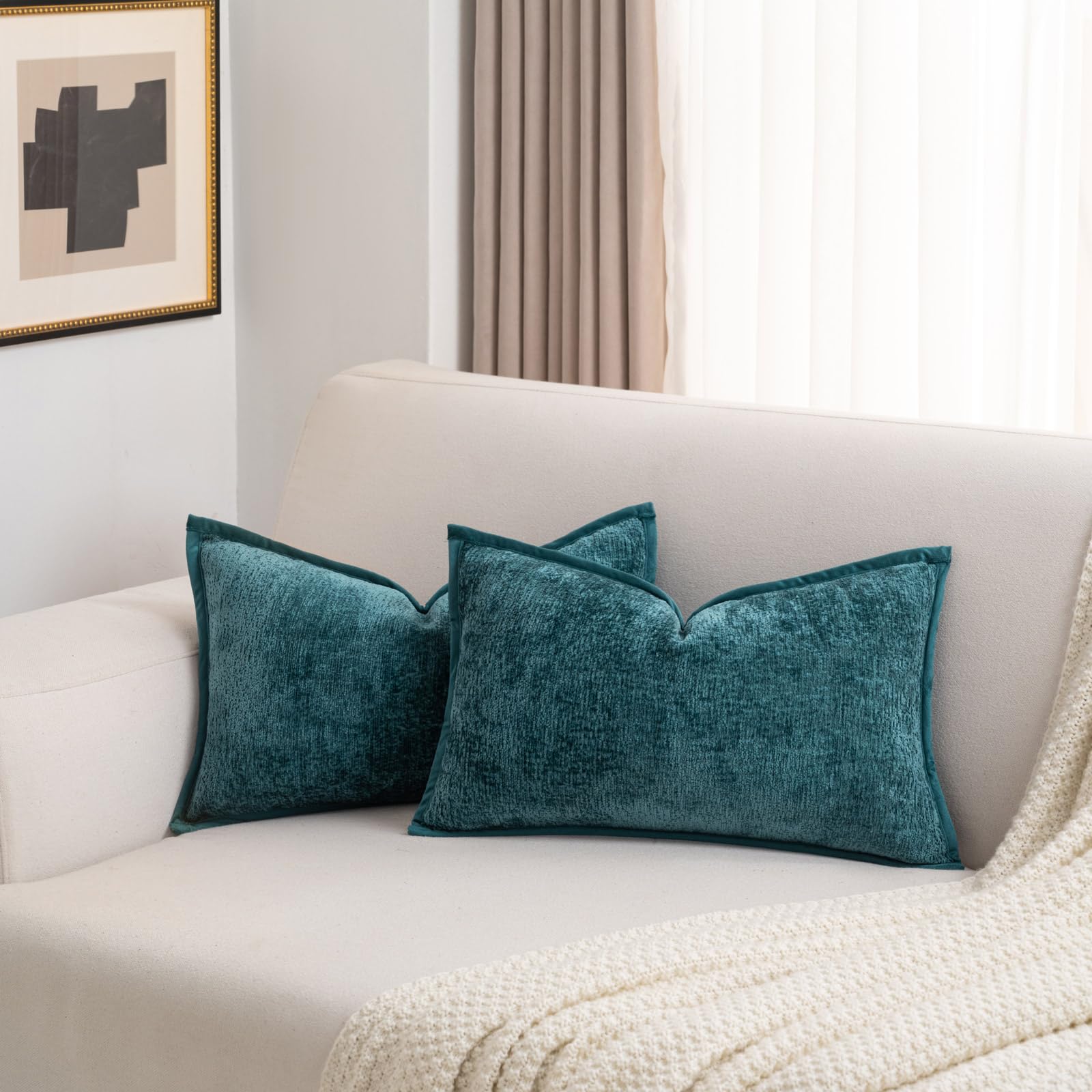 Futei Teal Chenille Throw Pillow Covers 12X20 Inch Set Of 2,Soft Velvet Lumbar Pillow Cases,Home Decor For Couch Bed Living Room