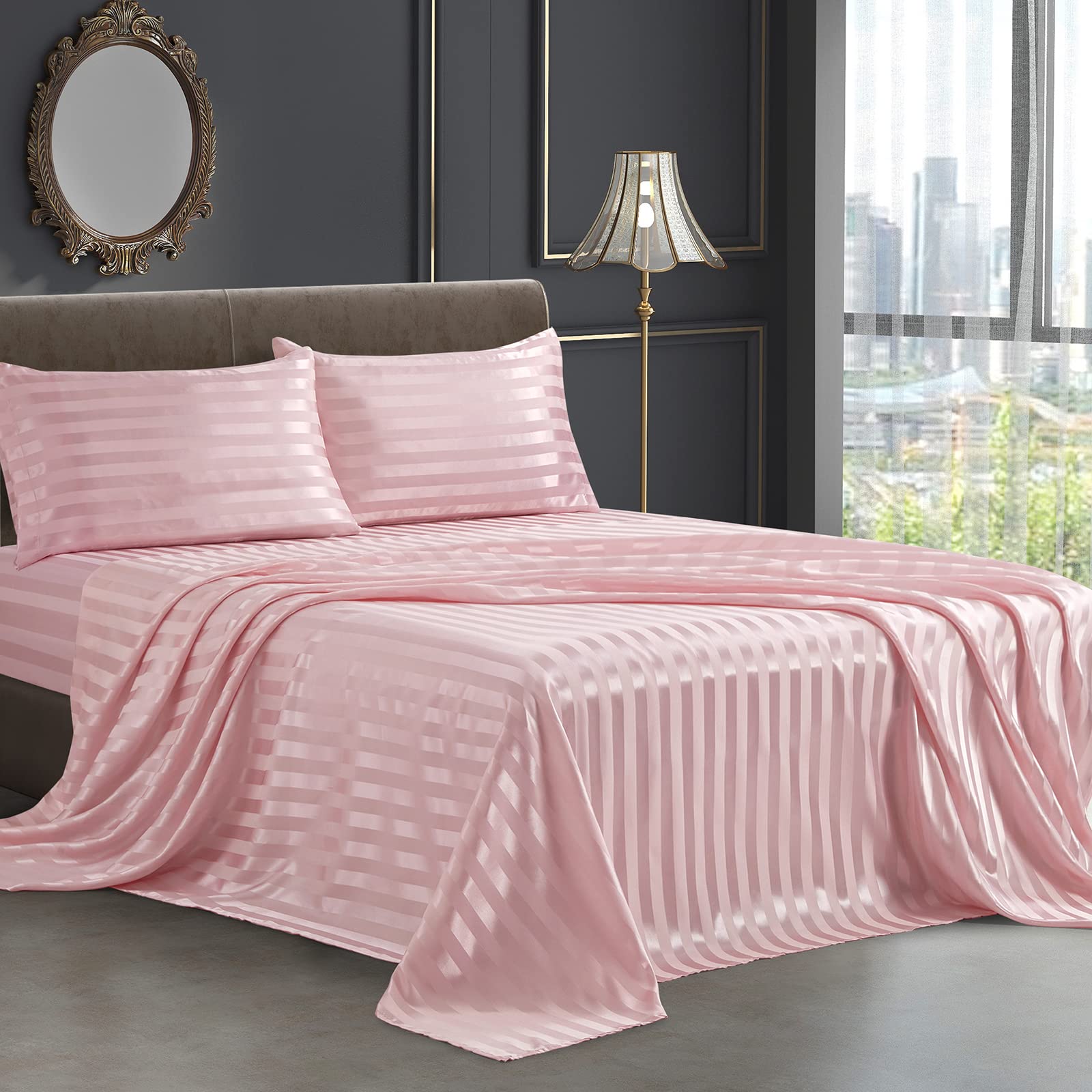 Siinvdabzx 4Pcs Satin Sheets Stripe Printed Sheets, Italian Style Silky Soft Blush Pink Satin Queen Bed Sheets With Deep Pocket,