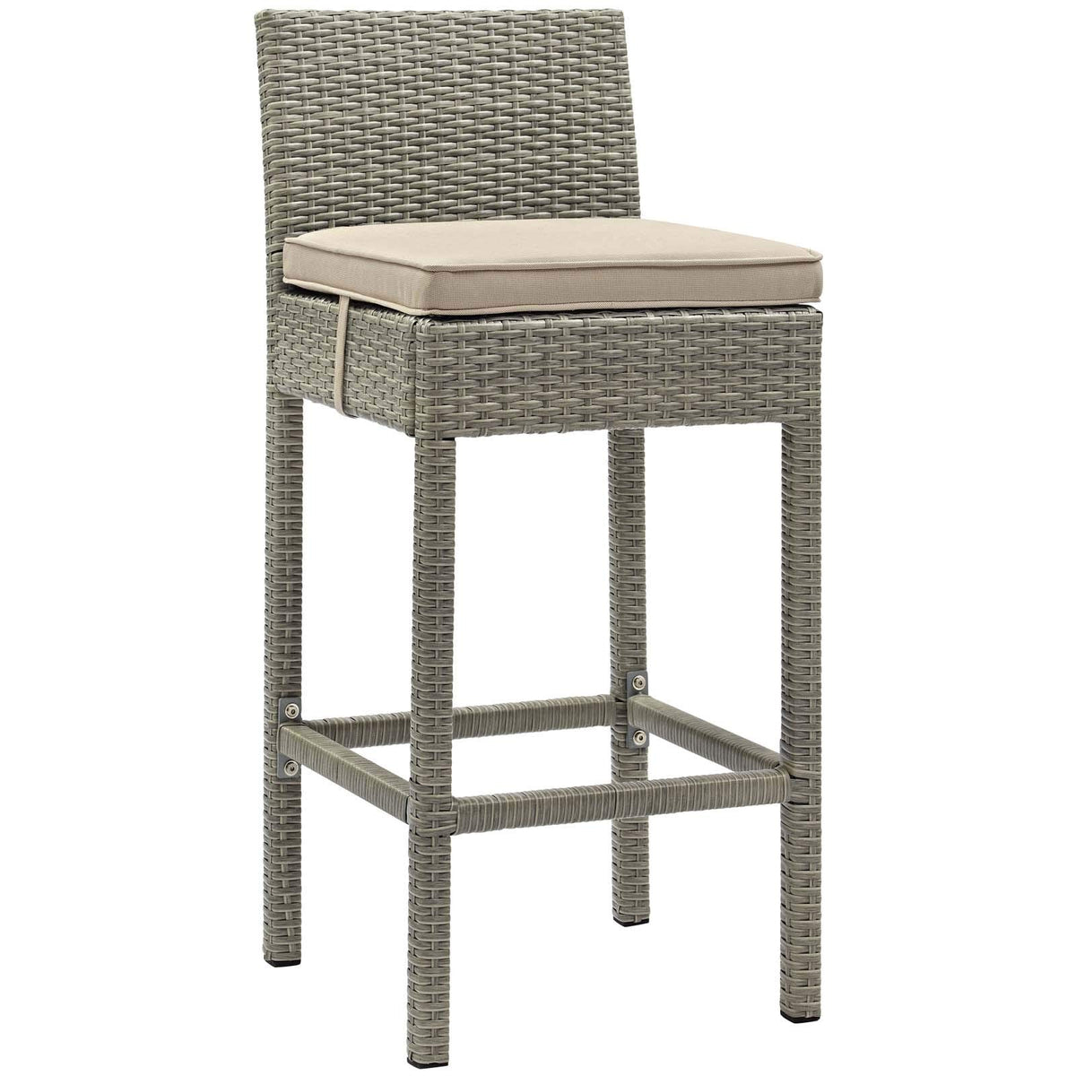 Modway Conduit Wicker Rattan Outdoor Patio Bar Stool With Cushion In Light Gray Beige