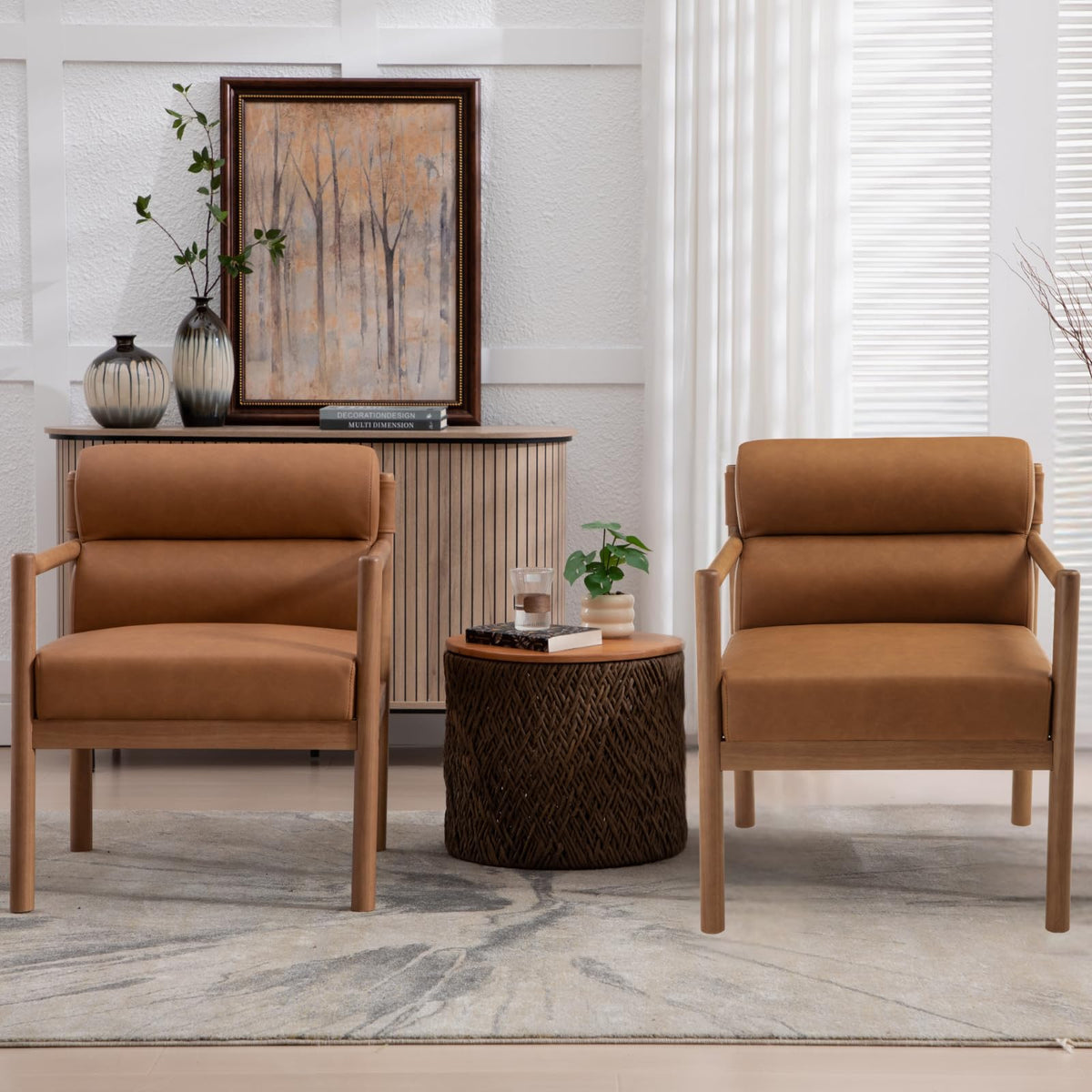 Rivova Modern Living Room Chairs Set Of 2, Brown Upholstered Accent Chairs With Channel Tufted Back, Walnut Wood Lounge Reading