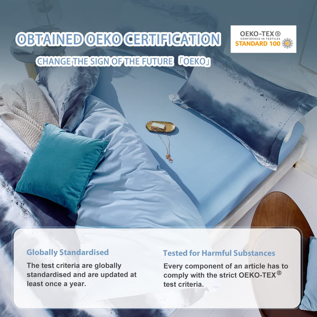 Mildly 100% Long-Staple Cotton Duvet Cover Set Navy & White Striped Watercolor Pattern Printed Comforter Cover 3Pcs, Ultra Soft