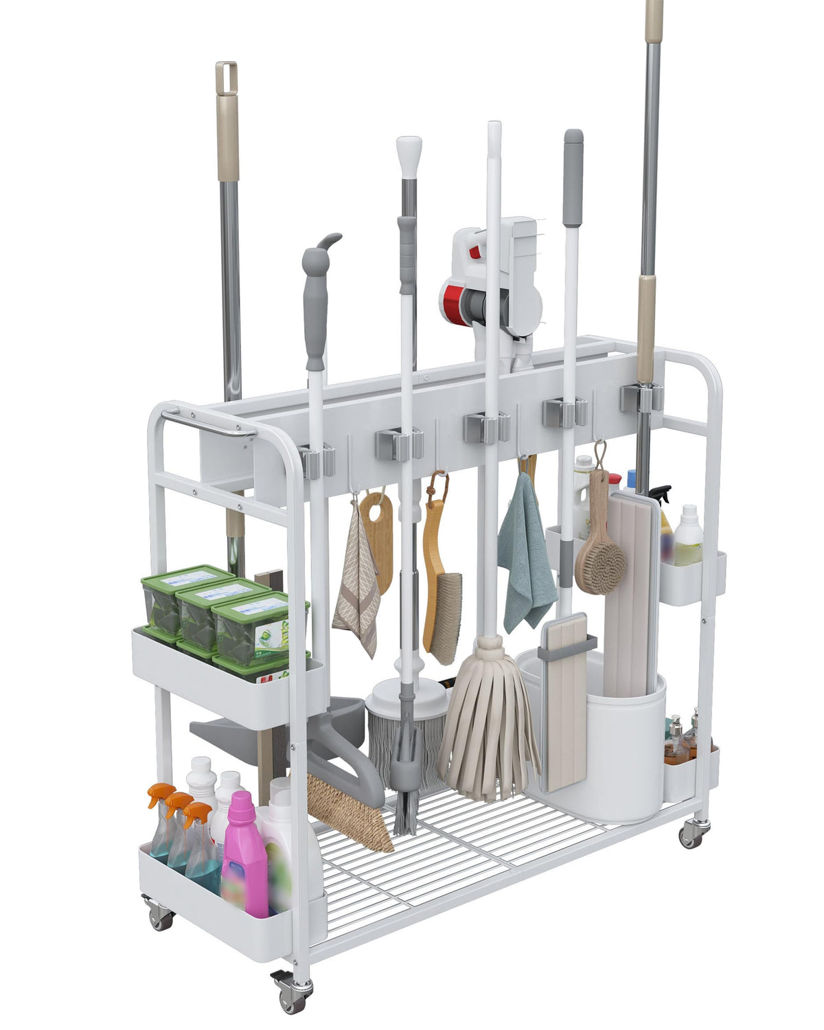 Stelhold Broom and Mop Holder with Cleaning Supplies Organizer (White)