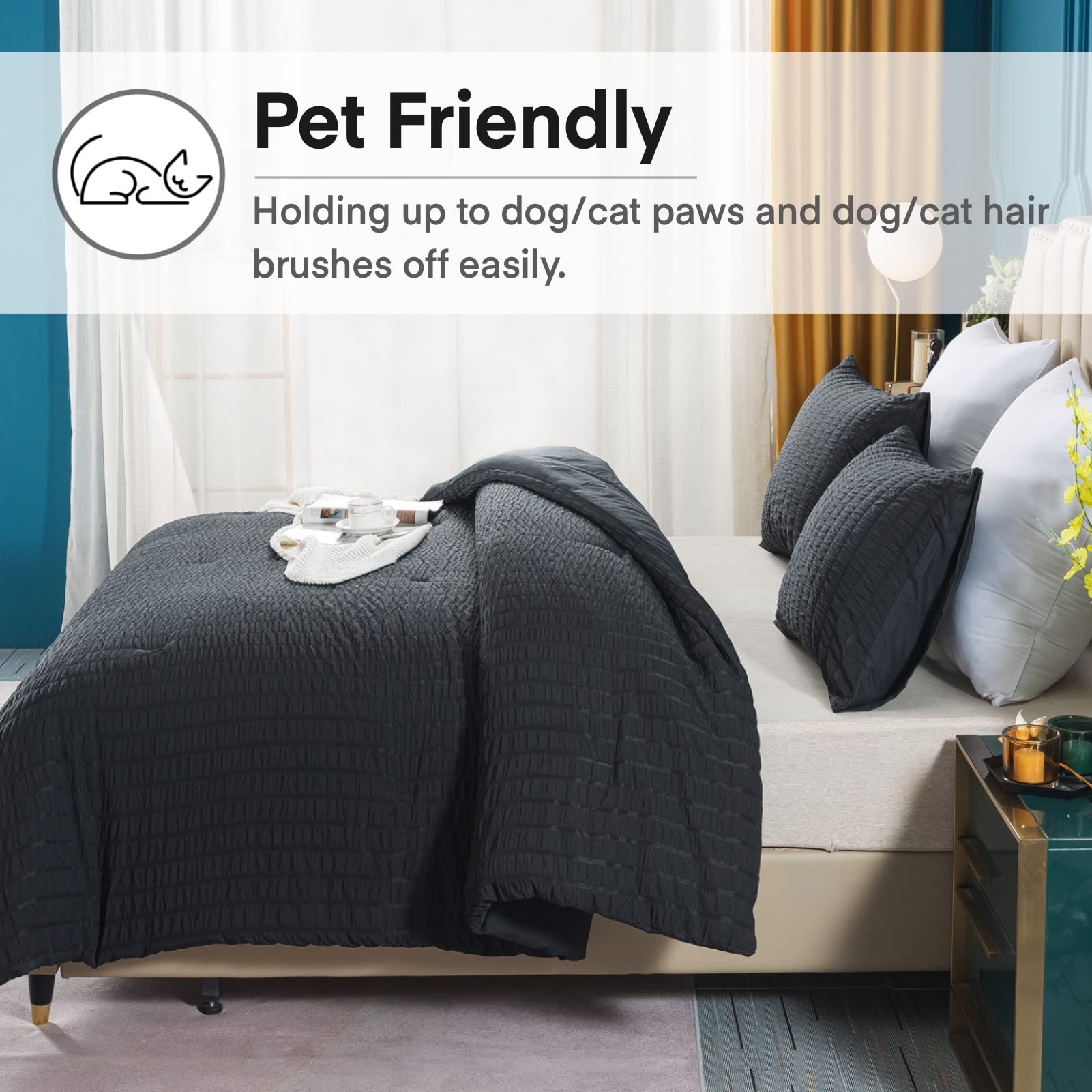 Avelom Black Seersucker Twin/Twin Xl Comforter Set (68X90 Inches), 2 Pieces-100% Soft Washed Microfiber Lightweight Comforter With 1 Pillowcase, All Season Down Alternative Comforter Set For Bedding