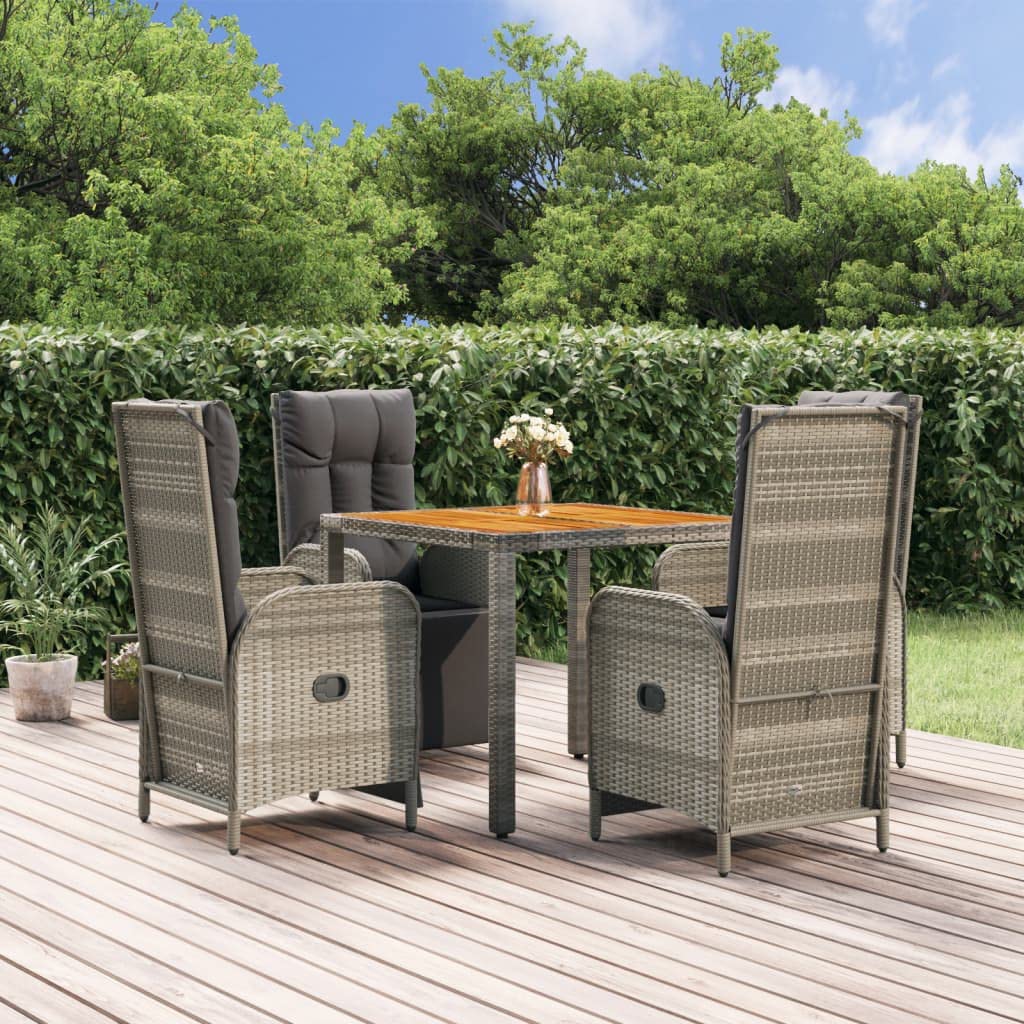 vidaXL 3-Piece Patio Dining Set with Gray Poly Rattan - Adjustable Garden Chairs with Cushions and Solid Acacia Wood Tabletop