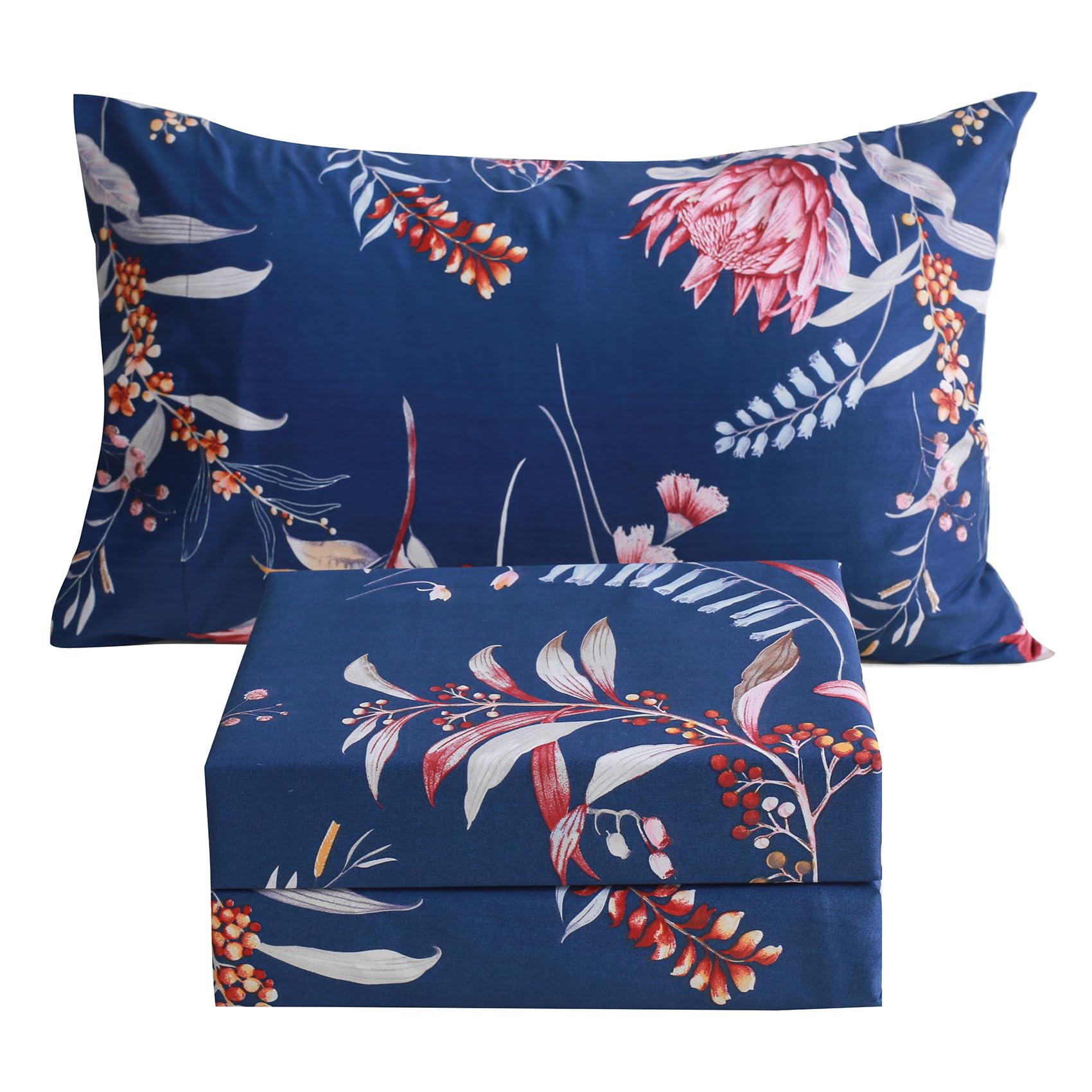 Jsd Navy Floral Sheet Set Twin Size, 3 Piece Printed Microfiber Sheets Extra Deep Pocket Wrinkle Free