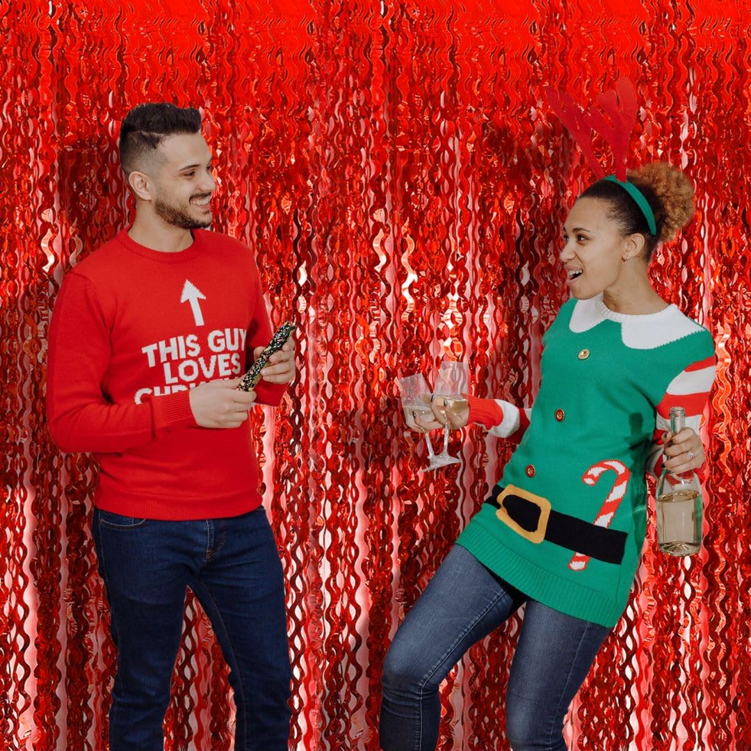 Backdrop For Party Decorations, Wave Foil Fringe Curtain Tinsel Photo Backdrop Red Tinsel Curtain Party Backdrop Streamers For B